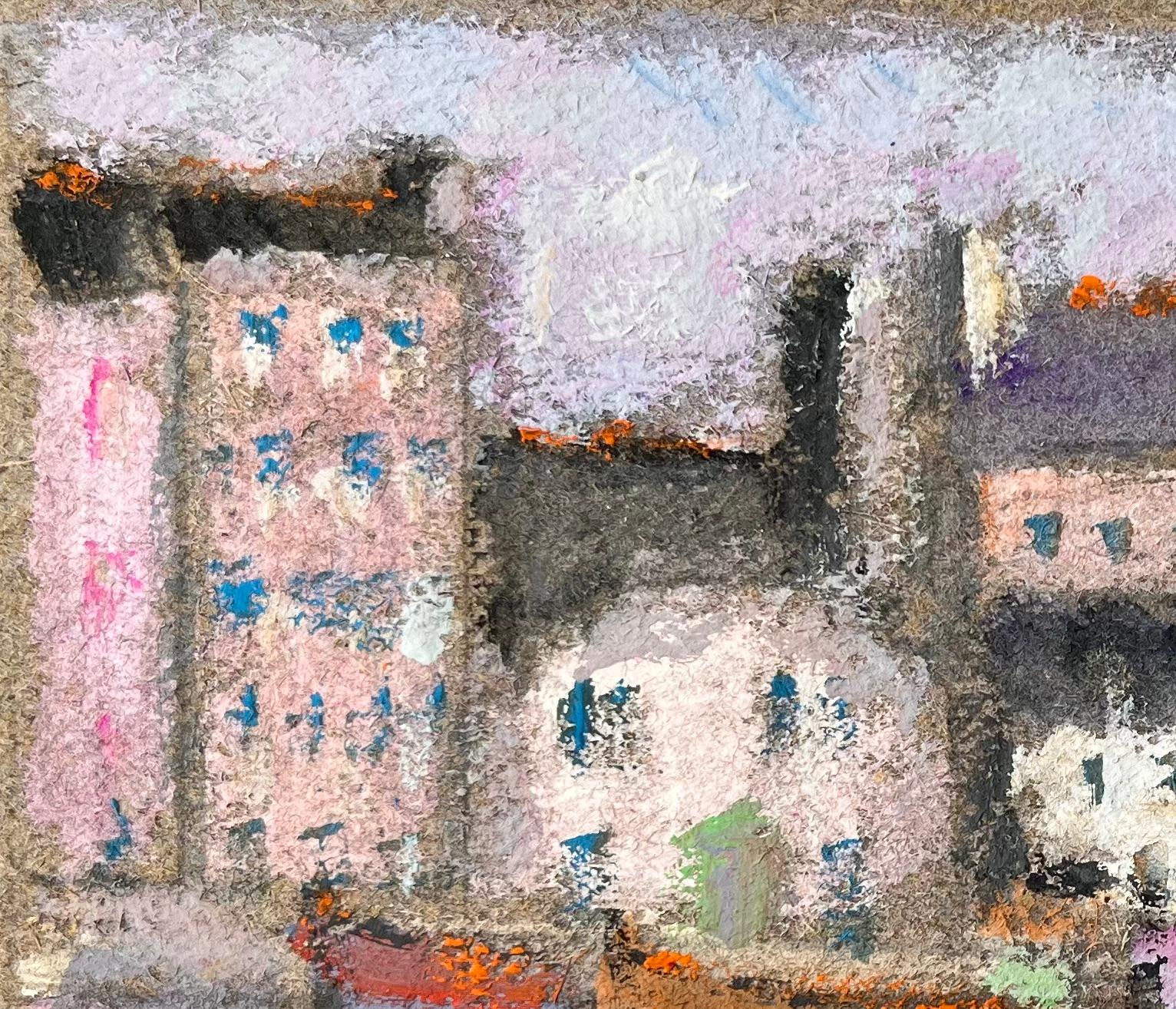 Escena portuaria francesa en colores pastel de barcos y edificios coloridos en Cherburgo - Painting Impresionista de Fanch Lel
