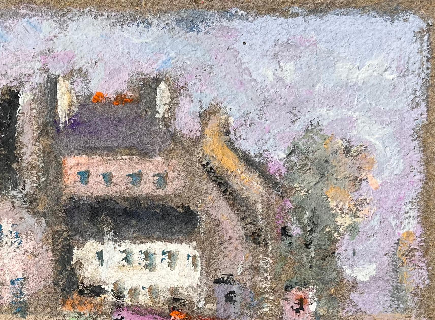 Escena portuaria francesa en colores pastel de barcos y edificios coloridos en Cherburgo - Landscape Painting Gris de Fanch Lel