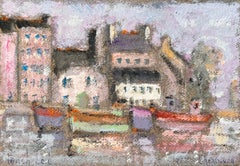 French Pastel Harbour Scene of Colourful Boats and Buildings in Cherbourg