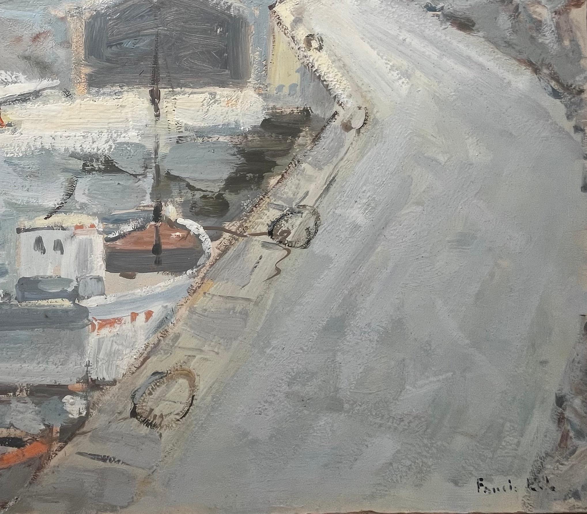 Scena di porto francese con ponte di barche e torre solidale di Fanch Lel in vendita 3