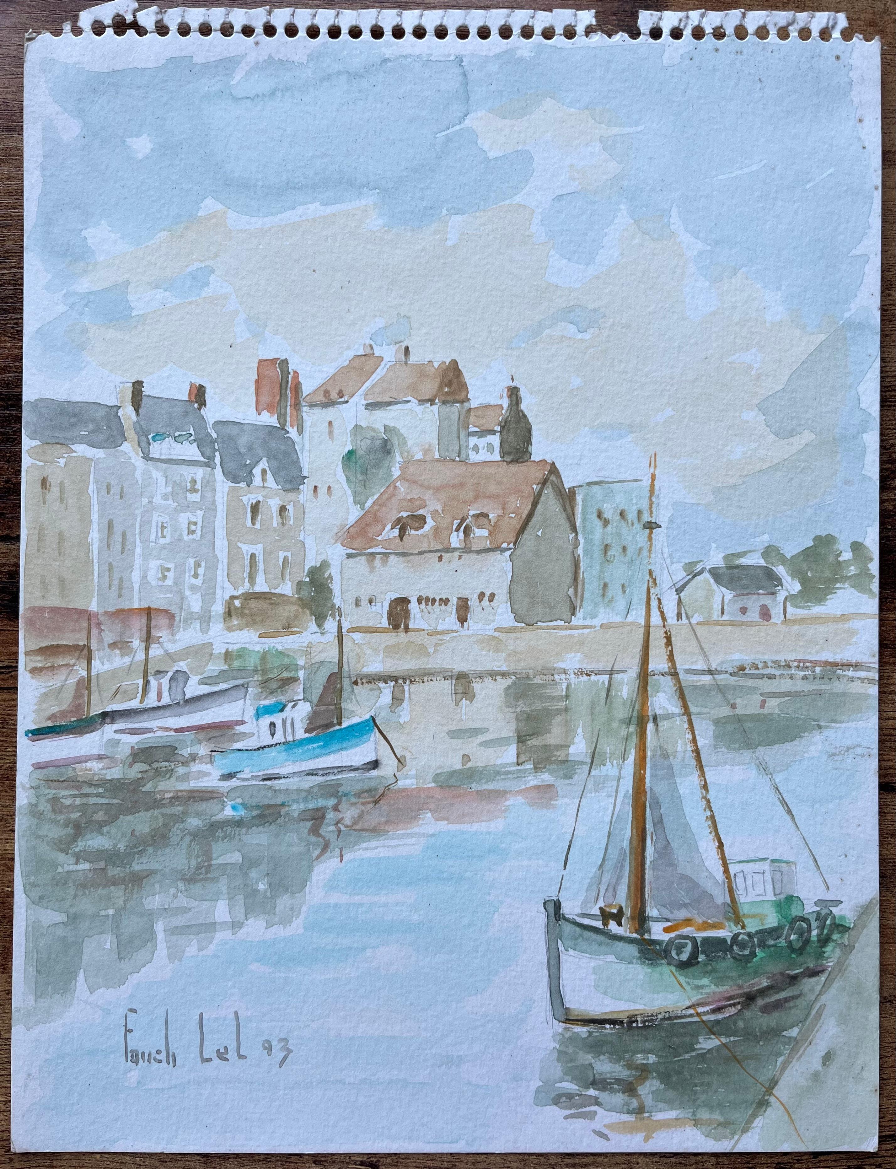 French Port Town with Boats and Reflections Watercolour Painting - Blue Figurative Painting by Fanch Lel