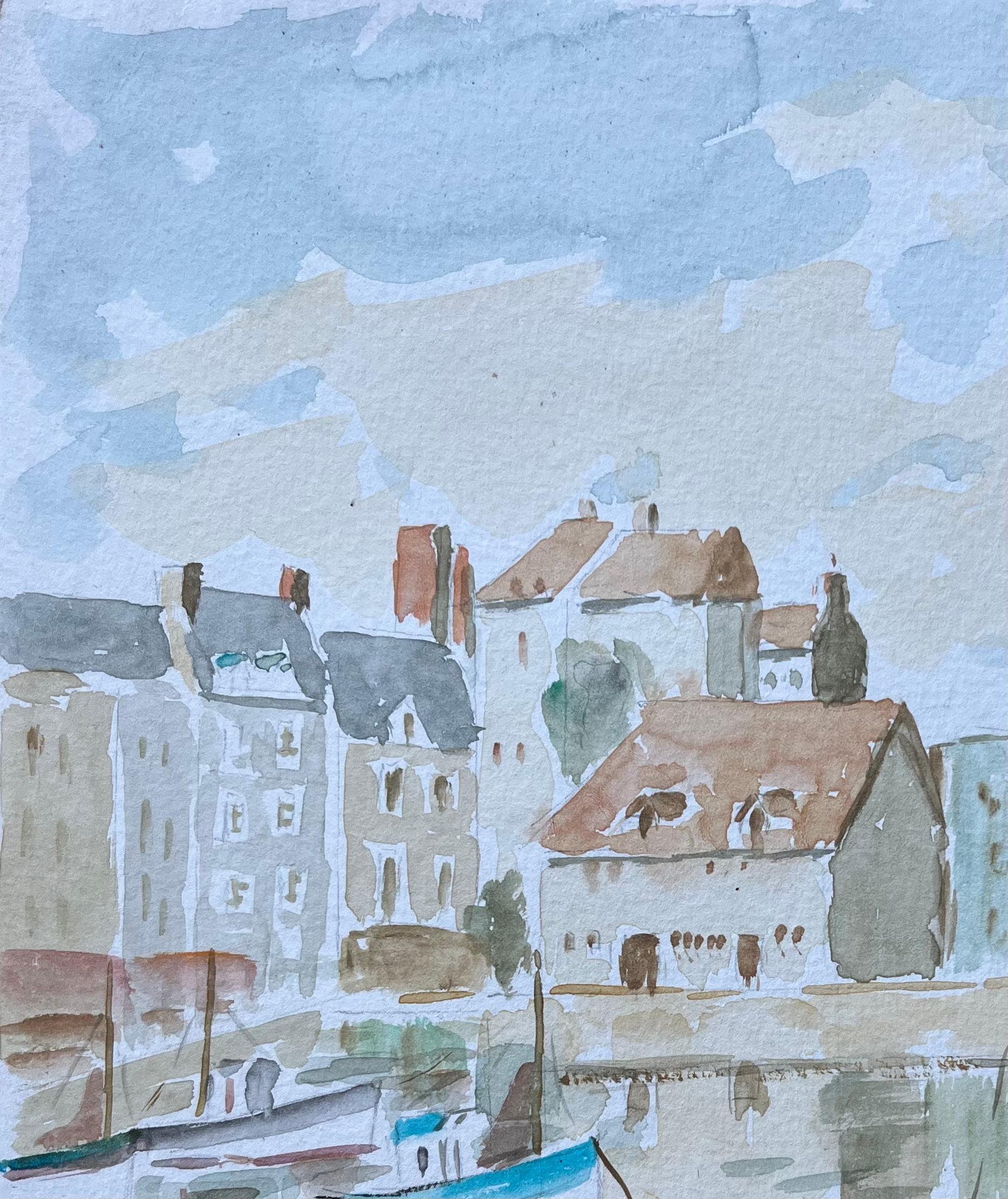 Title: French Port Town with Boats and Reflections Watercolour Painting
by Fanch Lel (French b. 1930)
Signed: Yes
Size: 12.5 inches (height) x 9.5 inches (width)
Watercolour painting on paper, unframed
Condition: The painting is in good condition,