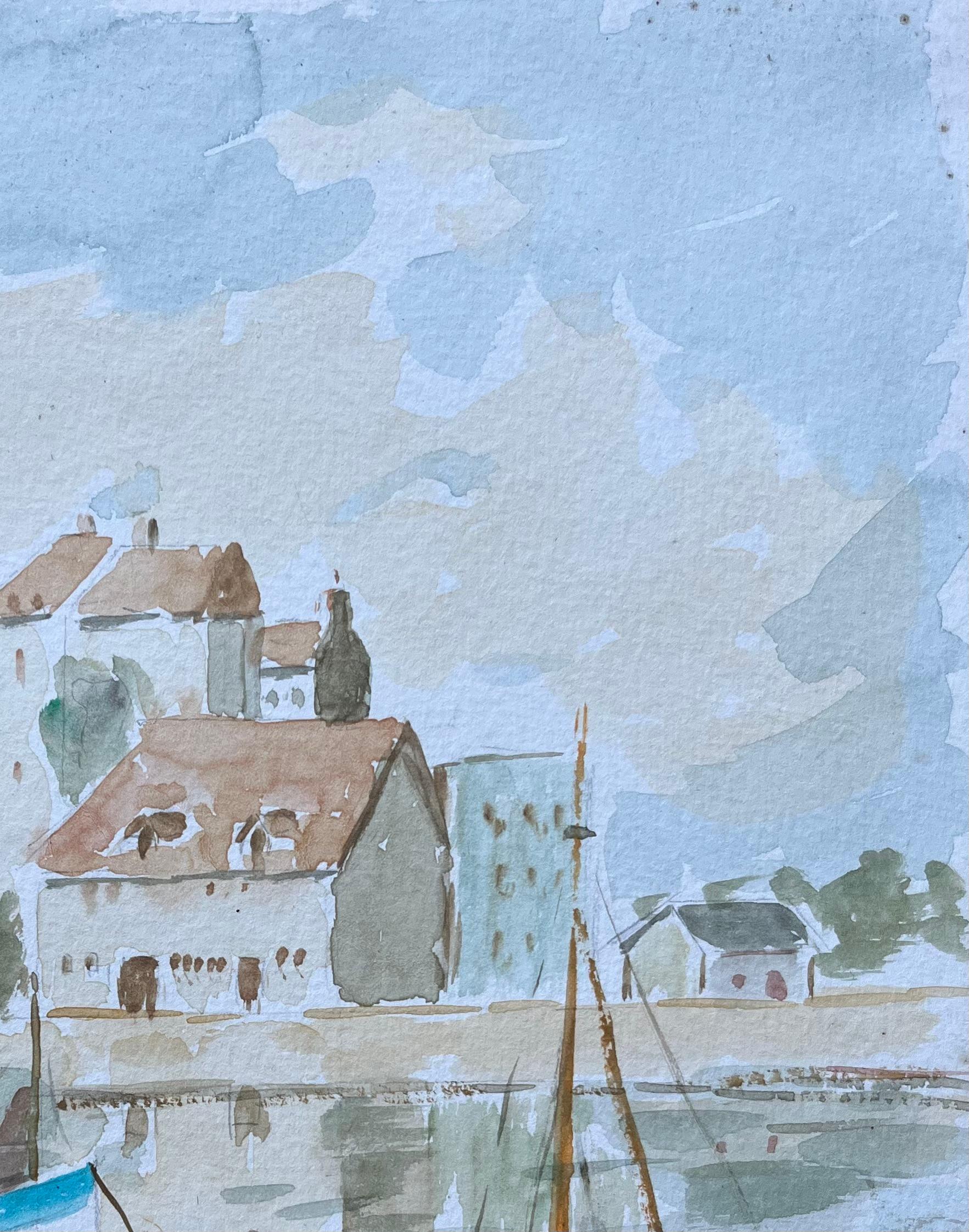 French Port Town with Boats and Reflections Watercolour Painting For Sale 1