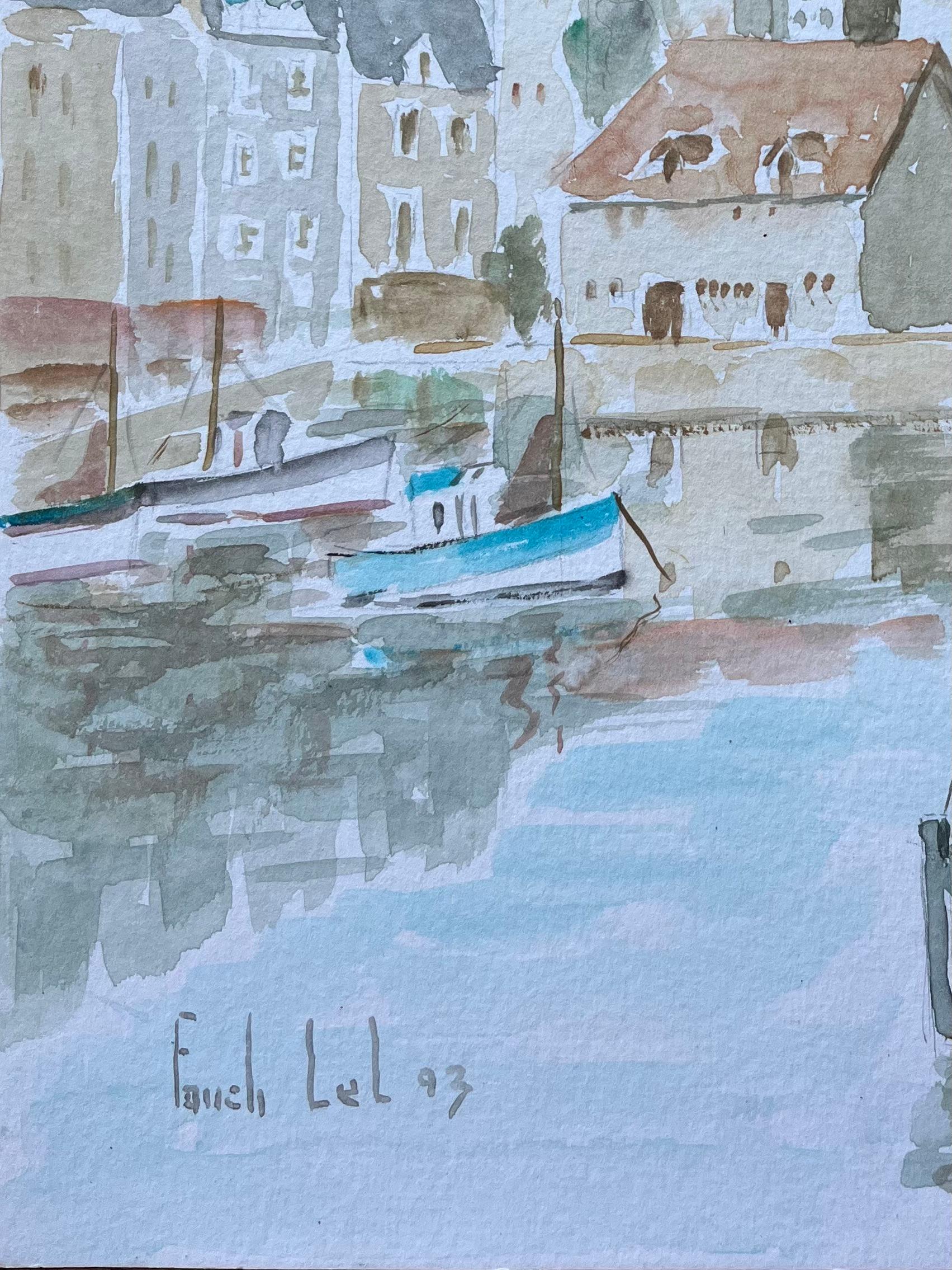 French Port Town with Boats and Reflections Watercolour Painting For Sale 2