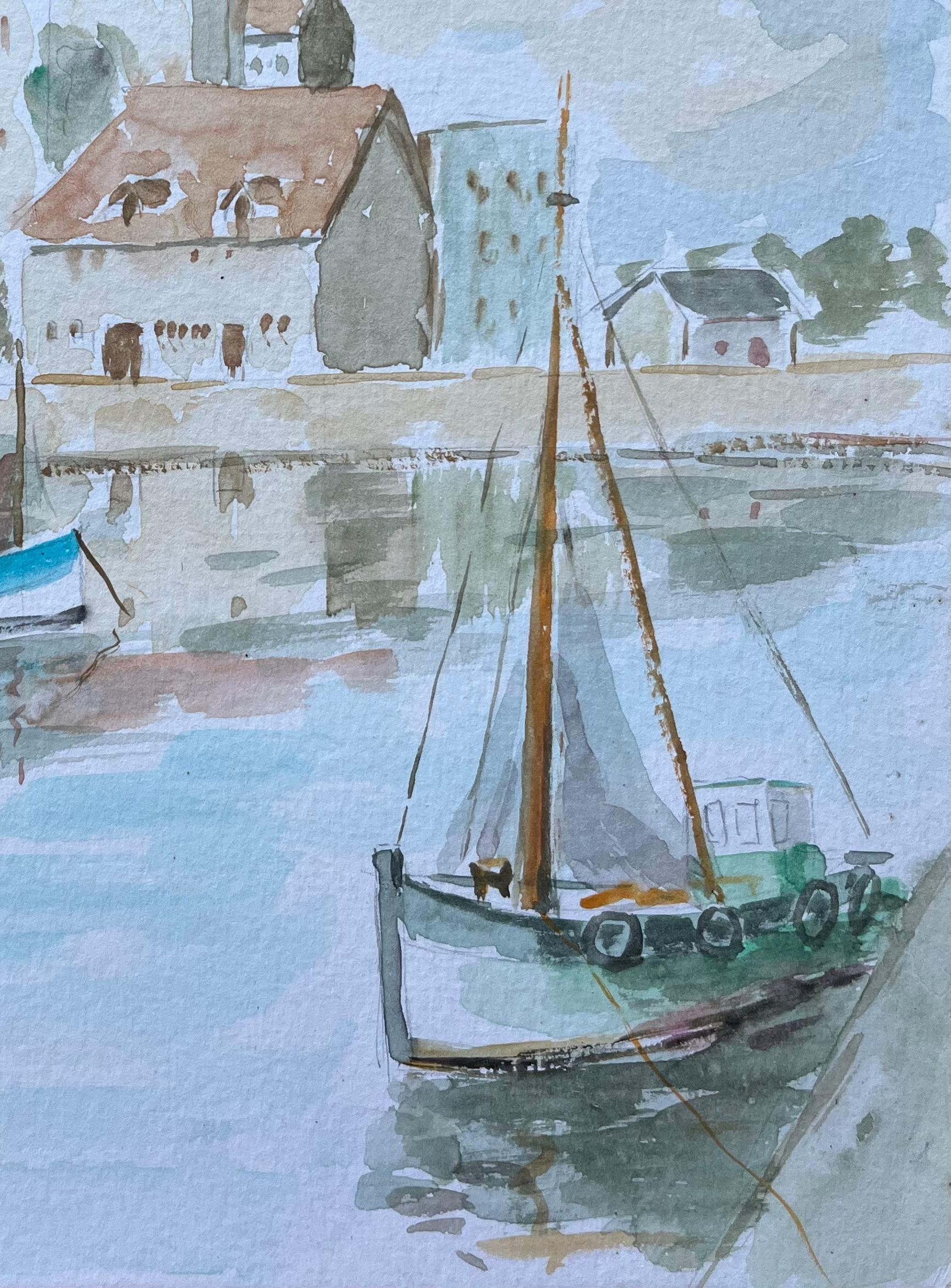 French Port Town with Boats and Reflections Watercolour Painting For Sale 3