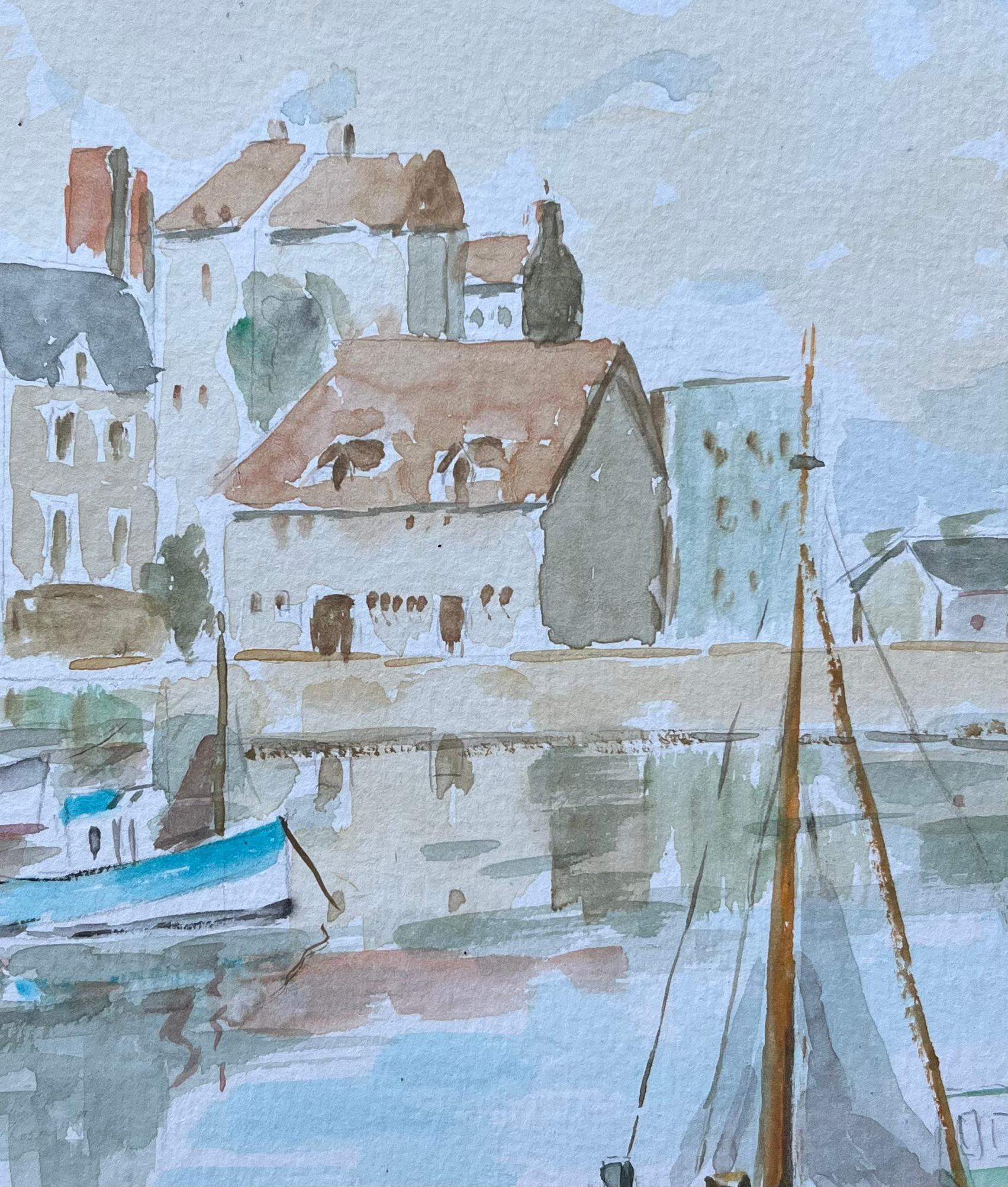 French Port Town with Boats and Reflections Watercolour Painting For Sale 4
