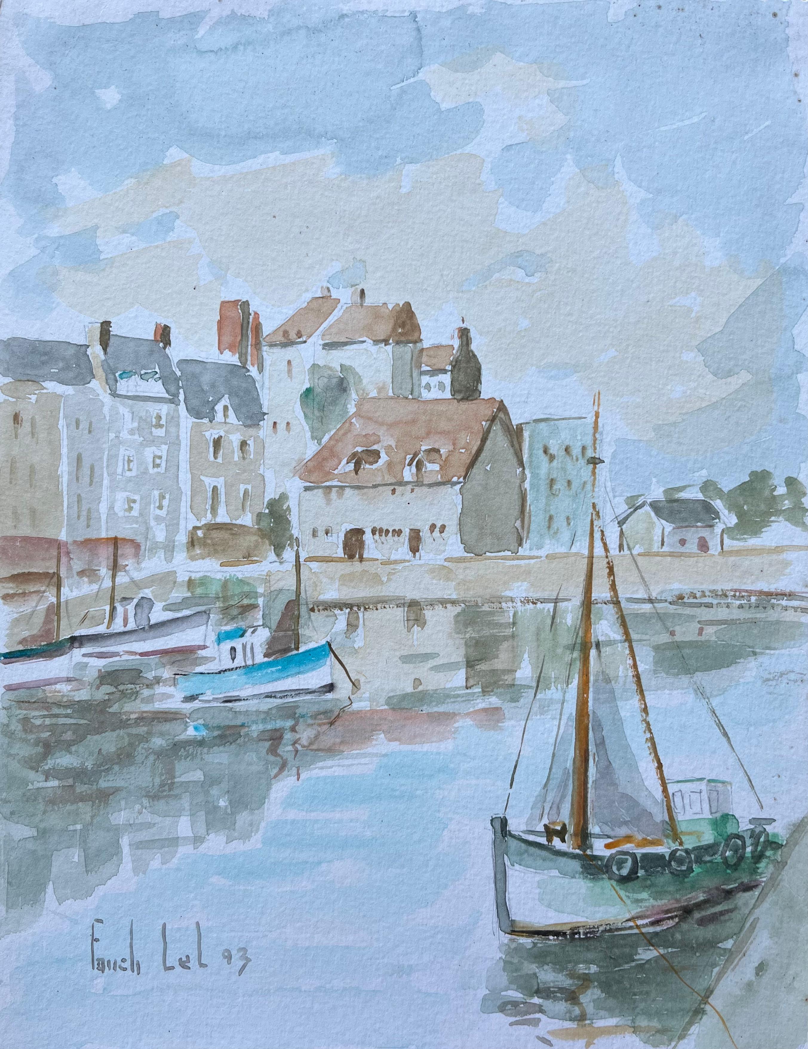 Fanch Lel Figurative Painting - French Port Town with Boats and Reflections Watercolour Painting