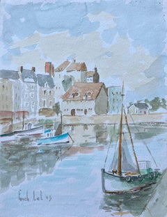 Townes, porto francese con barche e riflessi Pittura all'acquerello