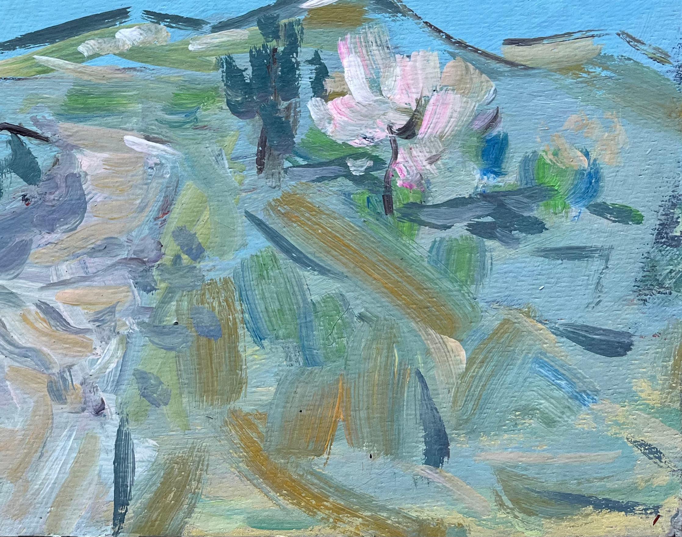 French Post-Impressionist Landscape with Blossoming Trees and Hillside Path - Painting by Fanch Lel