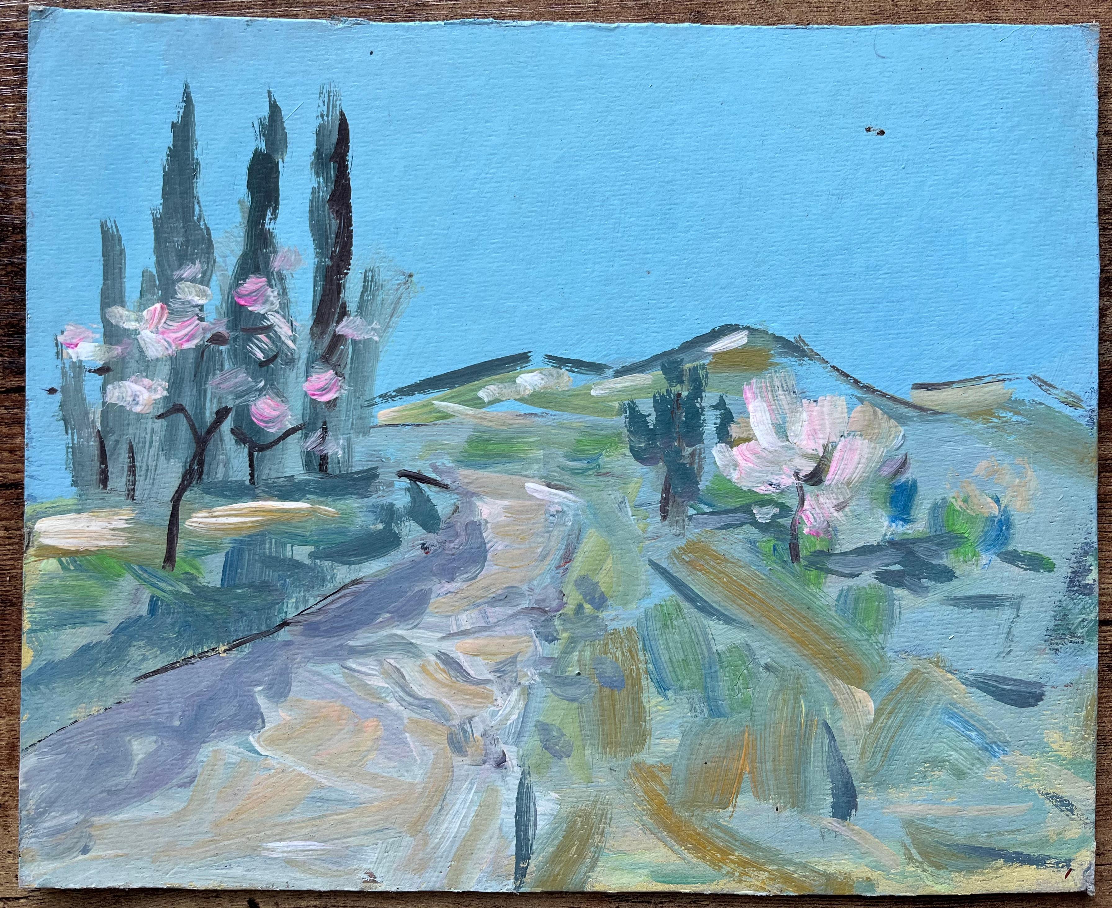 French Post-Impressionist Landscape with Blossoming Trees and Hillside Path - Blue Figurative Painting by Fanch Lel