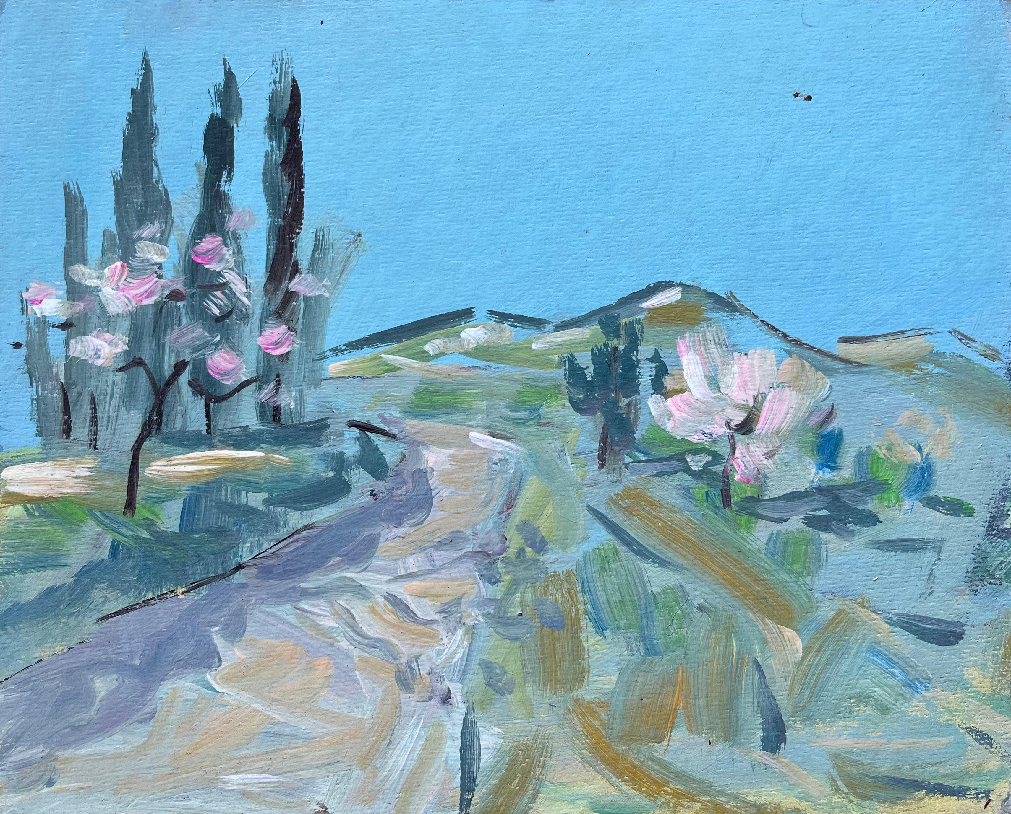 French Post-Impressionist Landscape with Blossoming Trees and Hillside Path