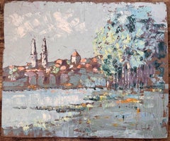Französisches postimpressionistisches Gemälde von Mâcon mit zwei Kirchtürmen und Fluss