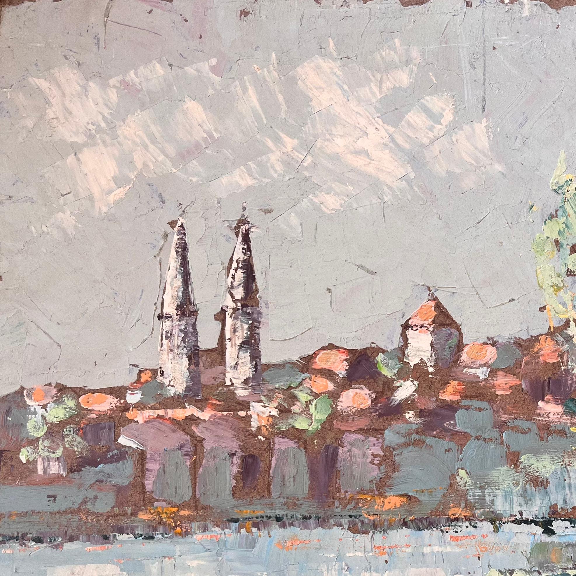 Peinture post-impressionniste française représentant Mâcon, les clochers des deux églises et la rivière - Impressionnisme Painting par Fanch Lel