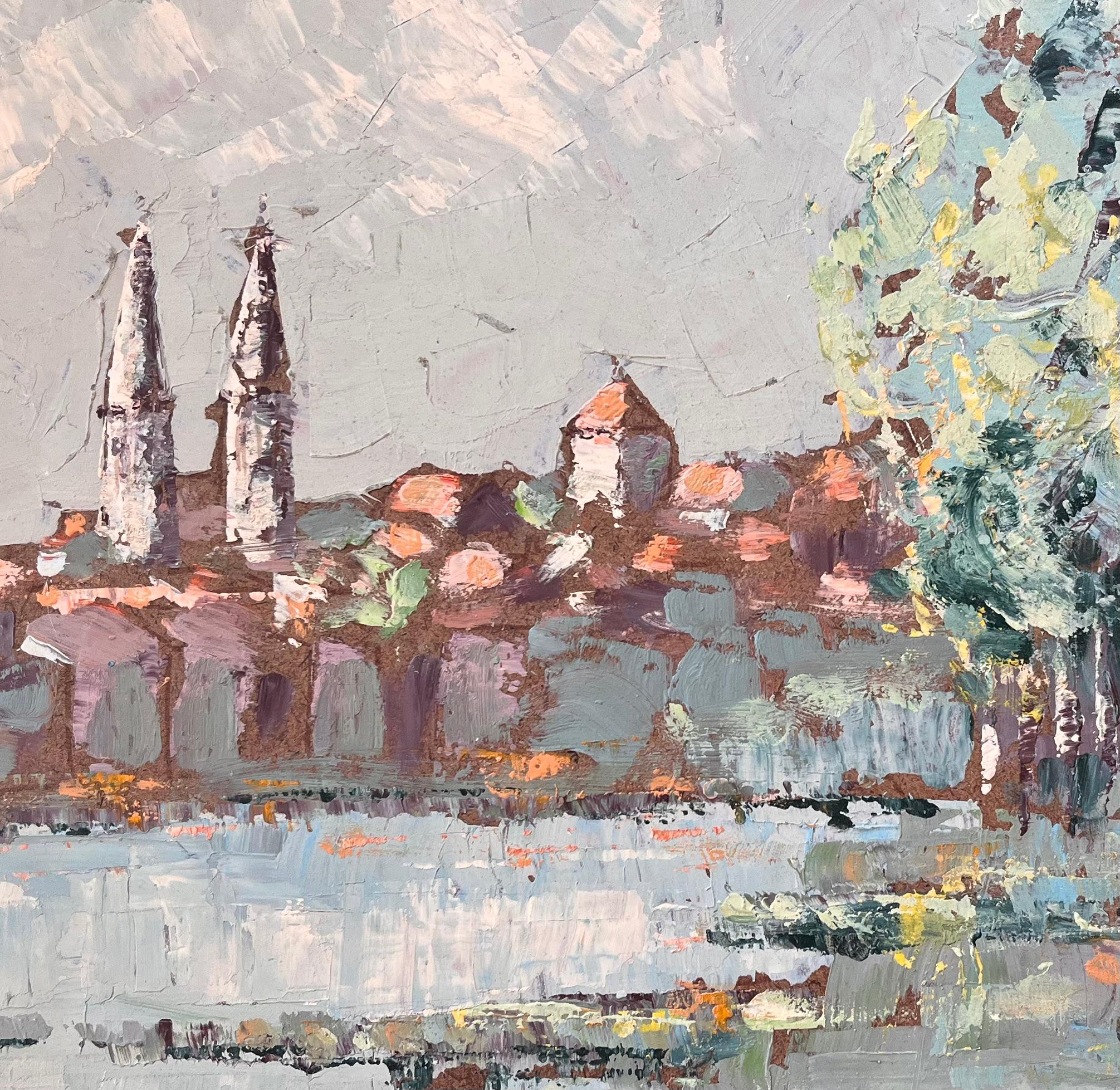 Peinture post-impressionniste française représentant Mâcon, les clochers des deux églises et la rivière en vente 2