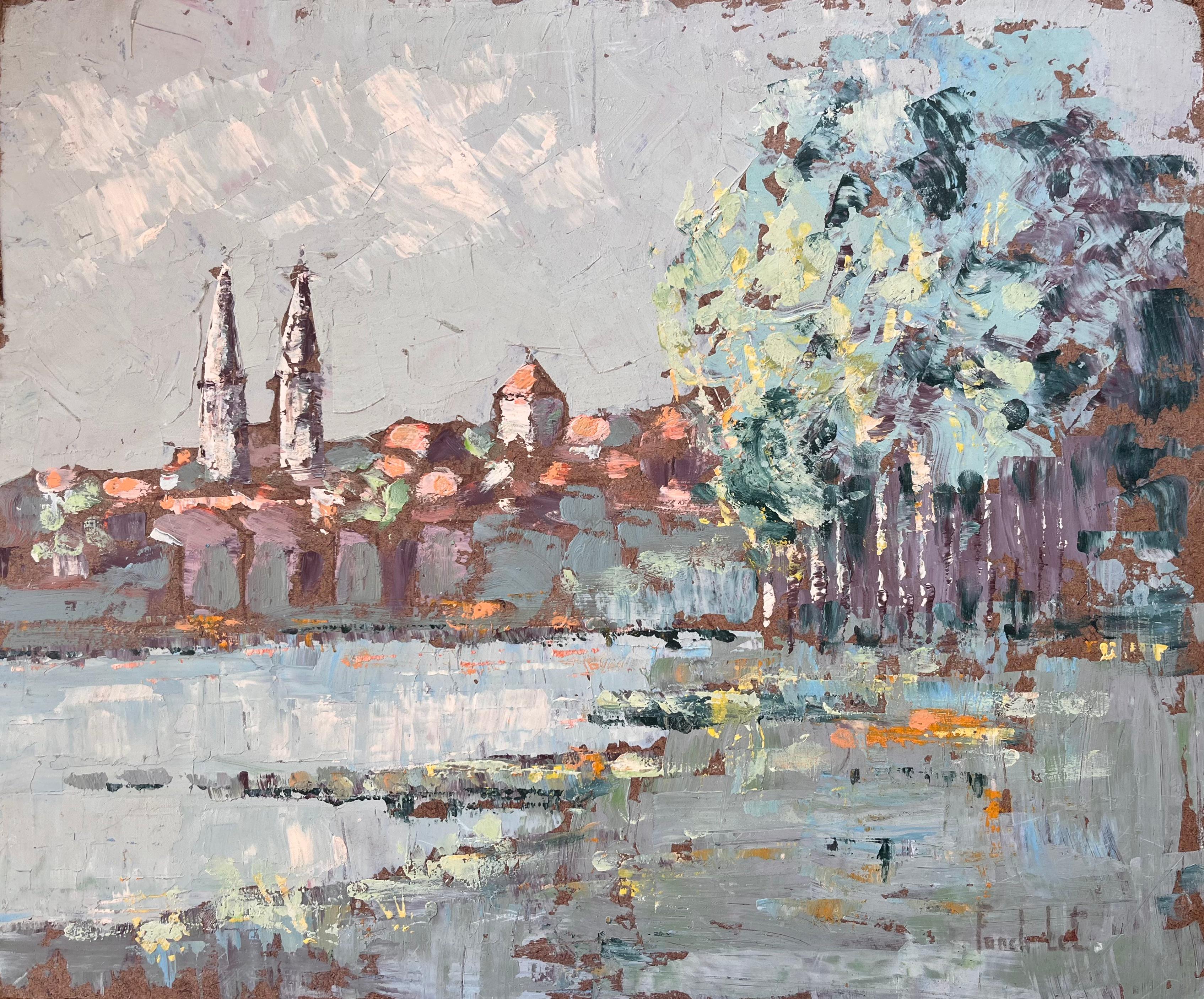 Peinture post-impressionniste française représentant Mâcon, les clochers des deux églises et la rivière