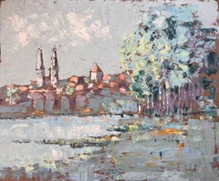 French Post-Impressionist Painting of Mâcon and Twin Church Spires and River