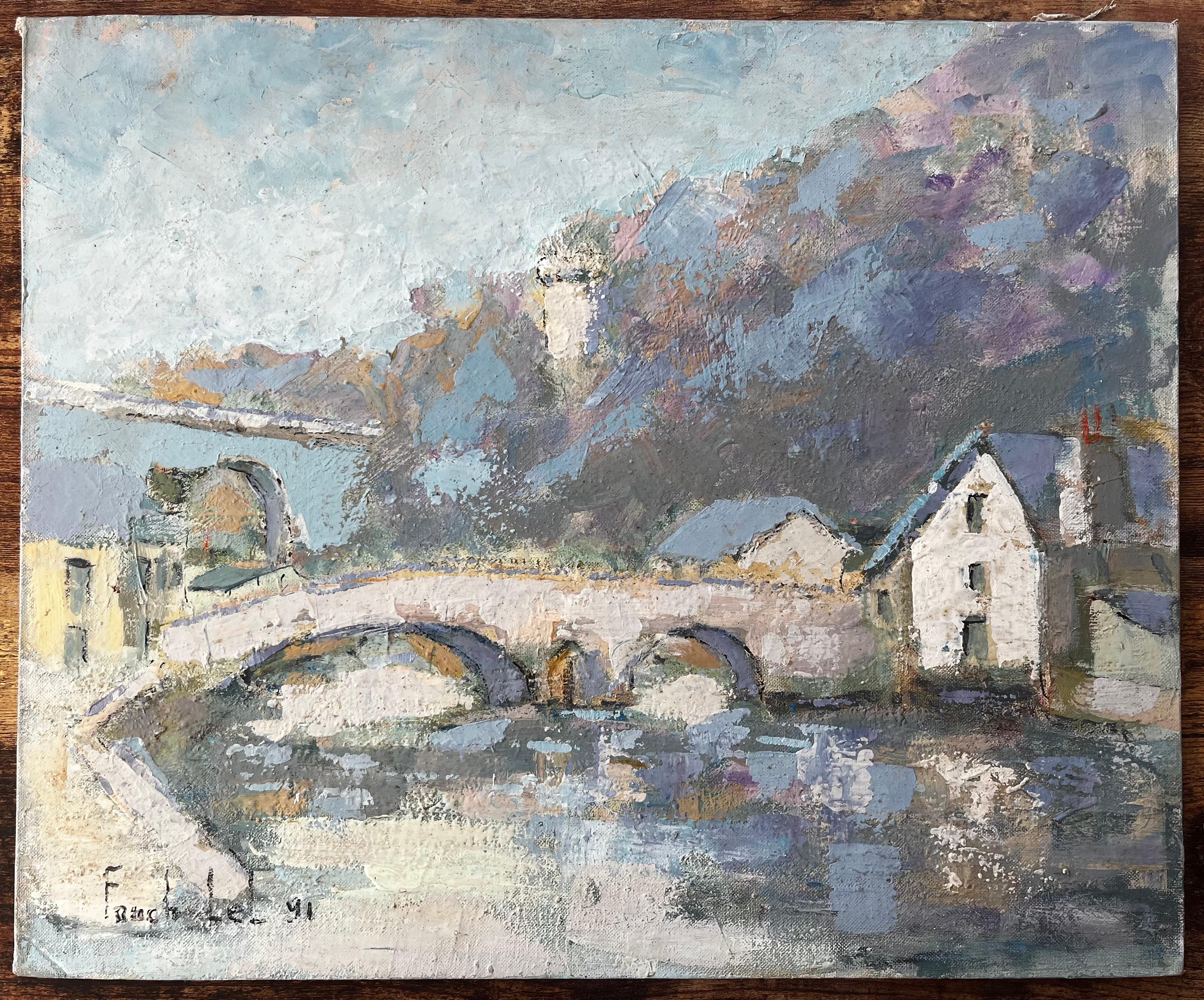 Village fluvial français de Dinan avec pont de pierre et toits bleus Peinture à l'huile - Painting de Fanch Lel