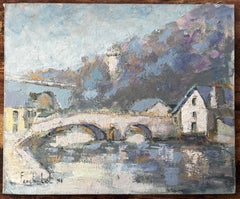 French Riverside Village Dinan With Stone Bridge and Blue Roofs Oil Painting