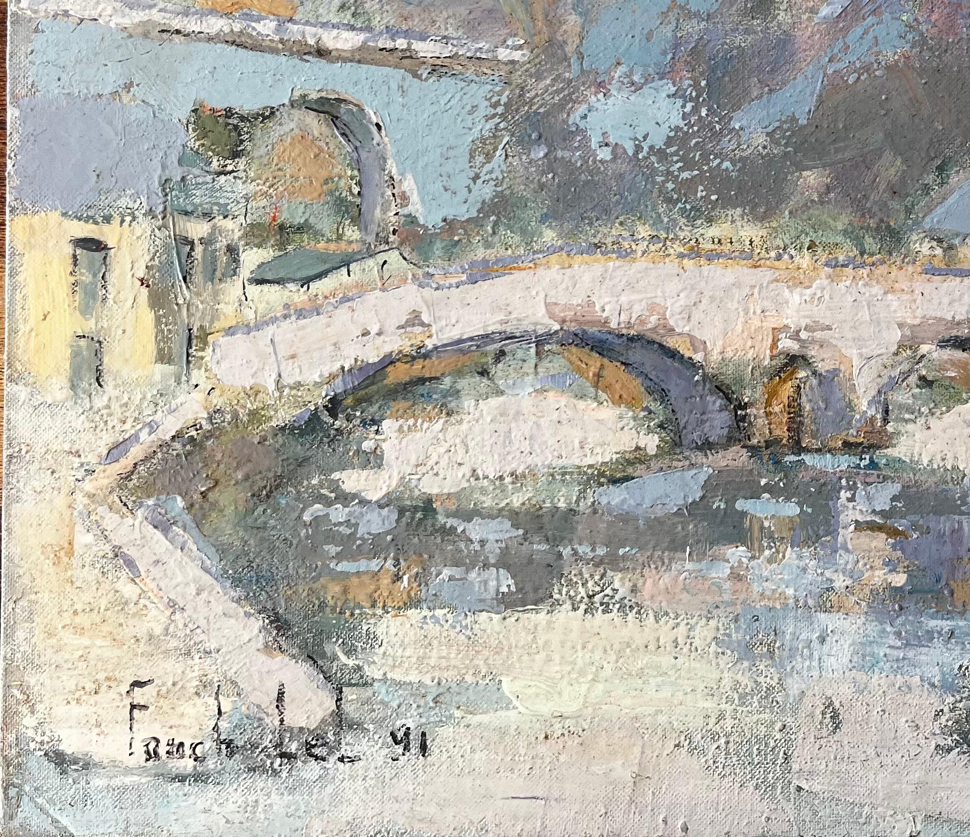 Village fluvial français de Dinan avec pont de pierre et toits bleus Peinture à l'huile - Gris Abstract Painting par Fanch Lel