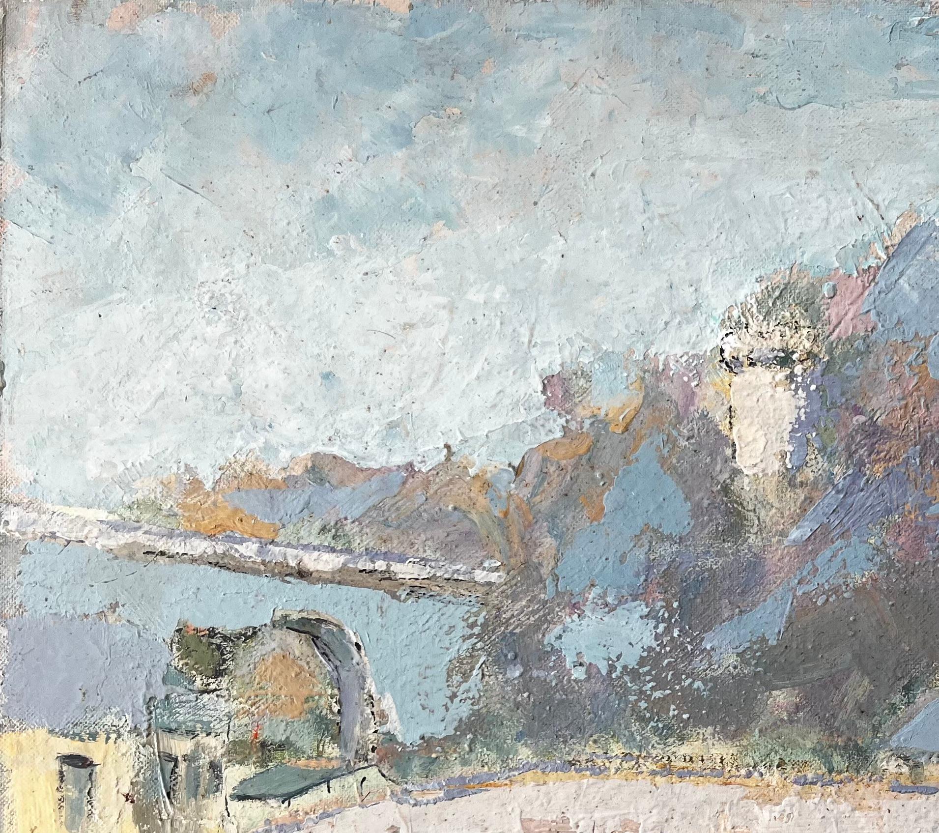 Village fluvial français de Dinan avec pont de pierre et toits bleus Peinture à l'huile en vente 1