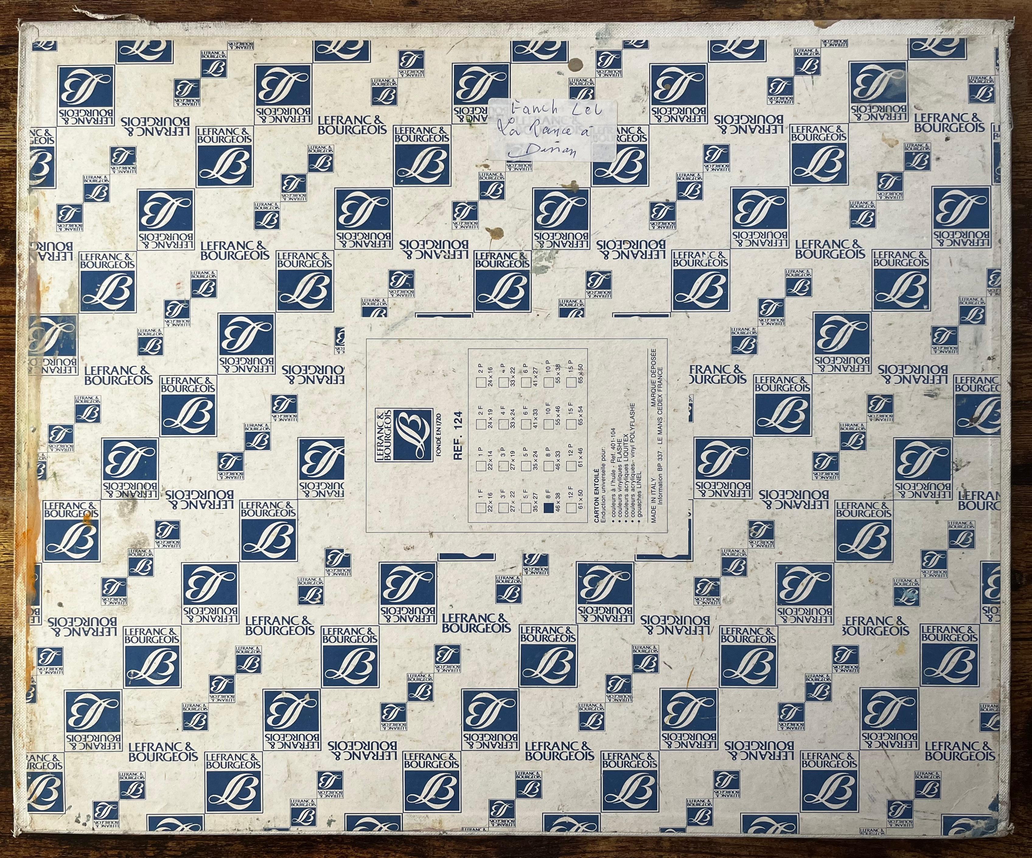 Village fluvial français de Dinan avec pont de pierre et toits bleus Peinture à l'huile en vente 3