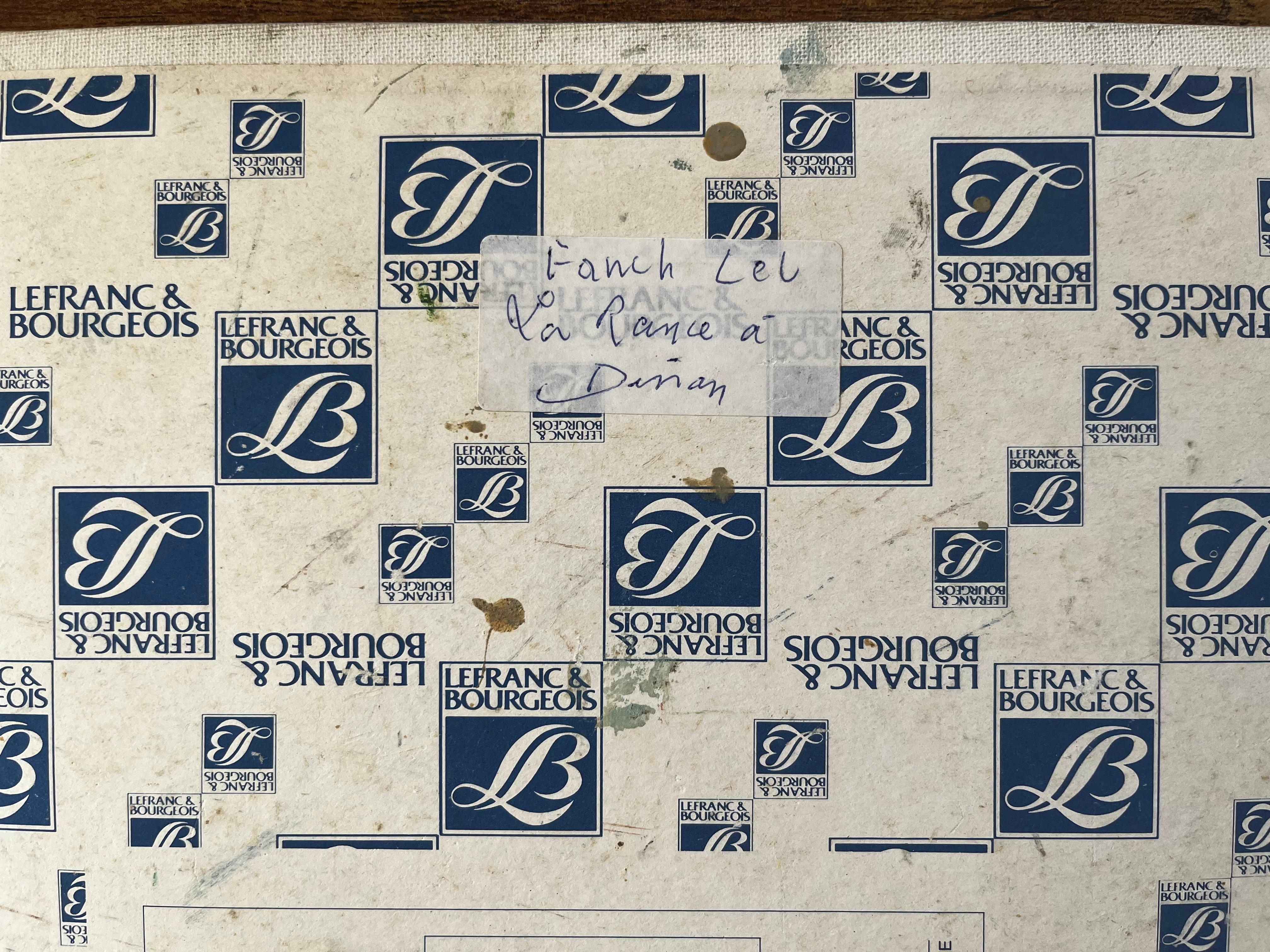 Village fluvial français de Dinan avec pont de pierre et toits bleus Peinture à l'huile en vente 4