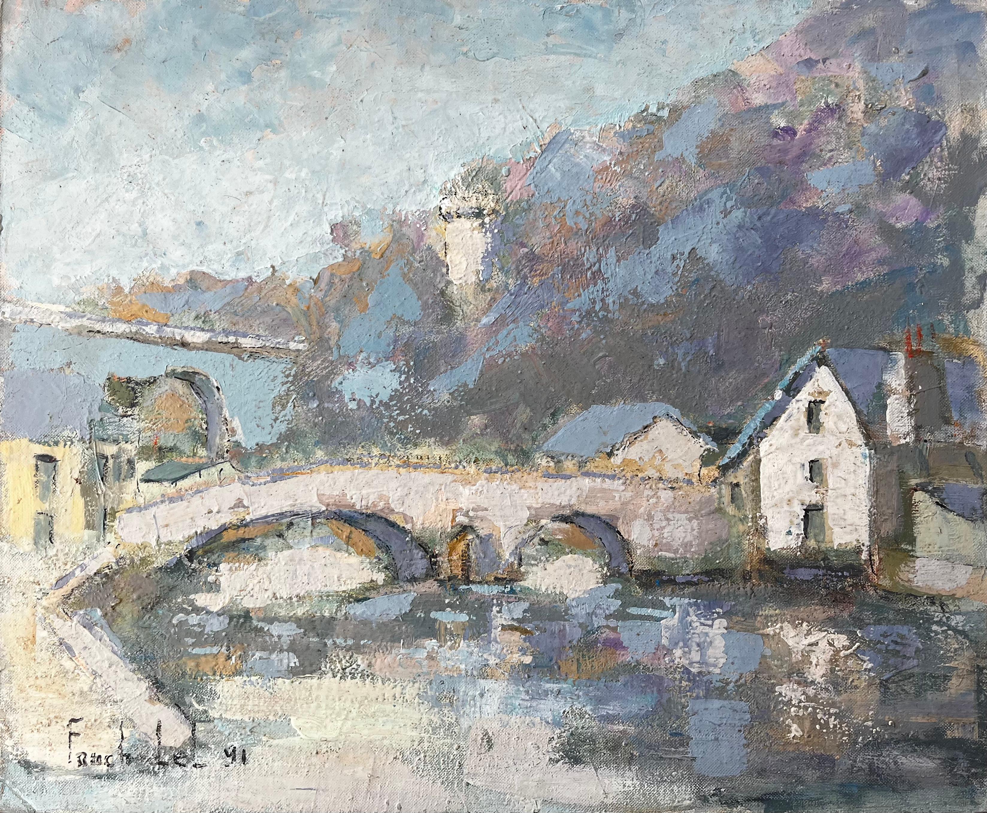 Pueblo francés a orillas del río Dinan con puente de piedra y tejados azules Pintura al óleo