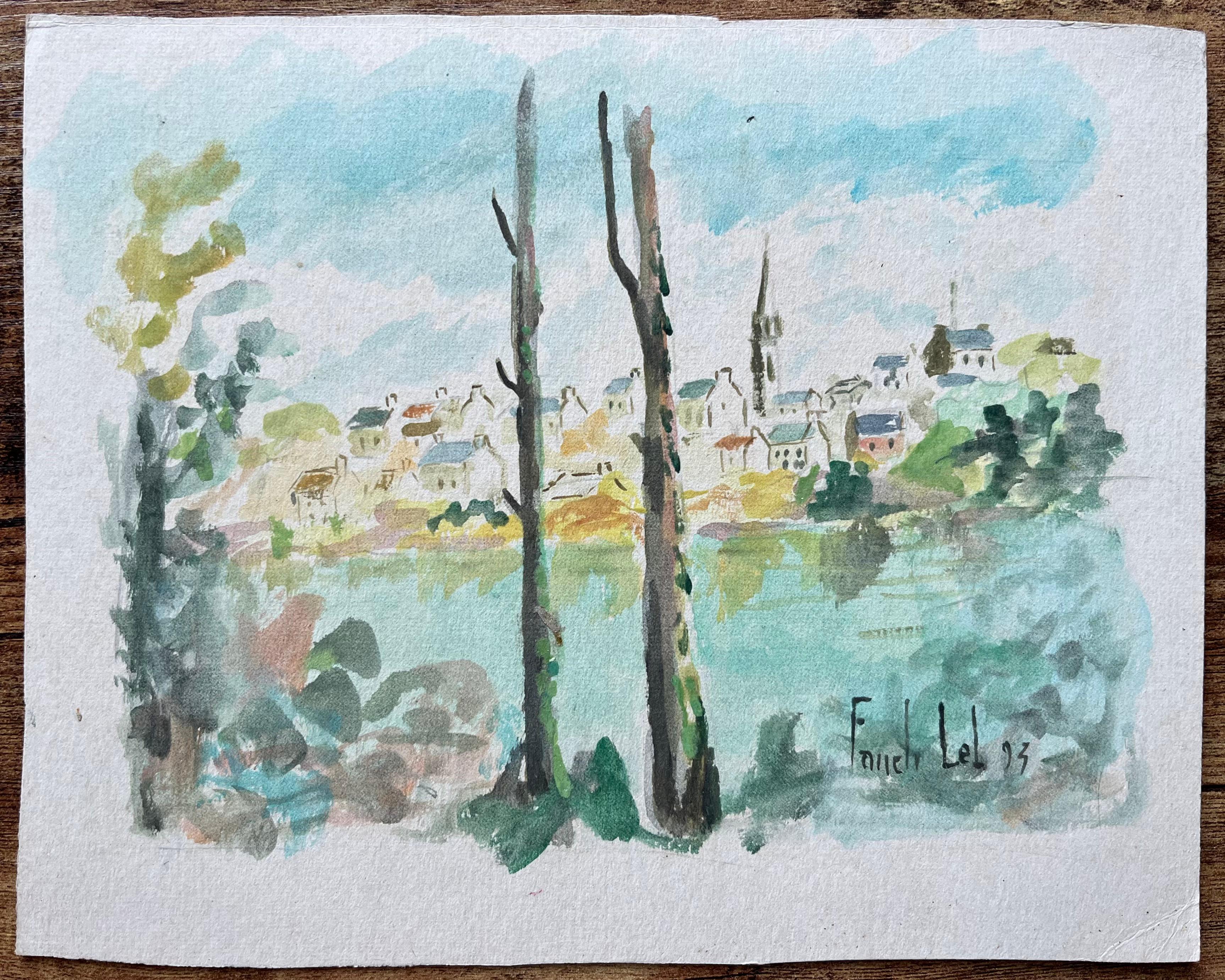 Französisches Flussufer- Village mit Bäumen und Kirchen spiralförmigem Aquarell – Painting von Fanch Lel