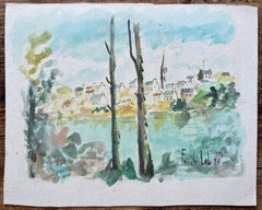 Aquarelle d'un village de bord de rivière française avec arbres et spirale d'église