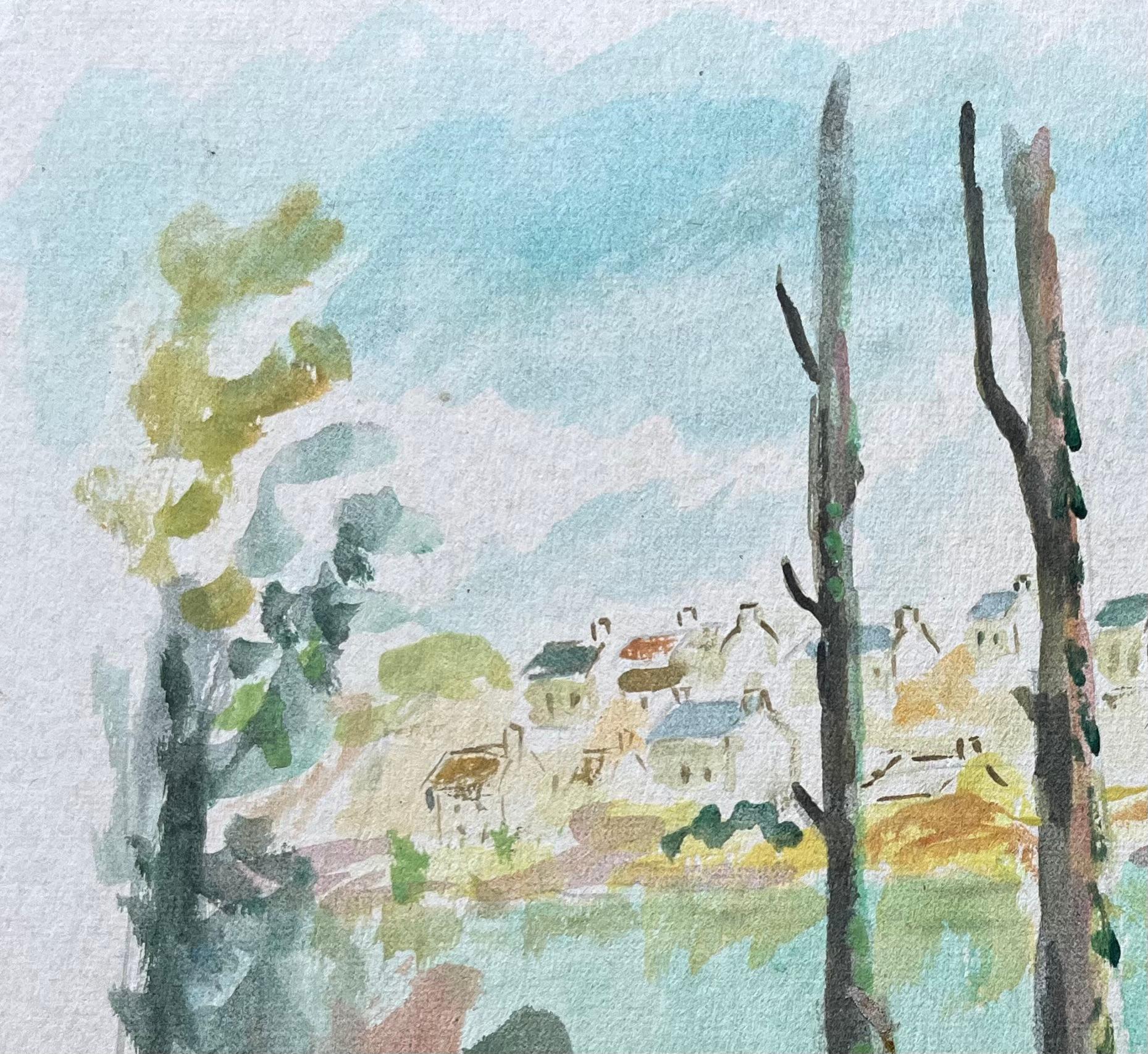 Französisches Flussufer- Village mit Bäumen und Kirchen spiralförmigem Aquarell (Impressionismus), Painting, von Fanch Lel