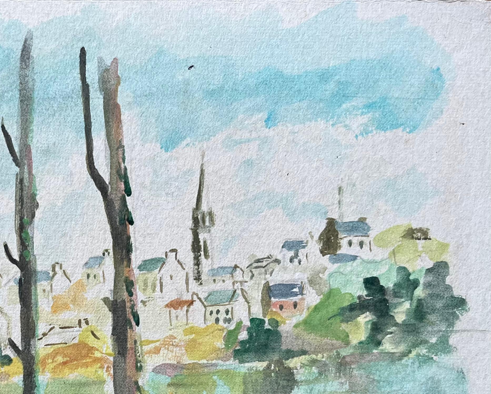 Französisches Flussufer- Village mit Bäumen und Kirchen spiralförmigem Aquarell (Grau), Figurative Painting, von Fanch Lel