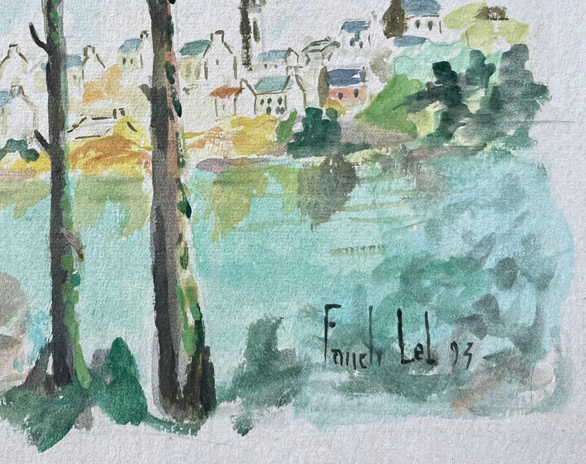 Titel: Französisches Dorf am Fluss mit Bäumen und Kirchturmspitze Aquarell
von Fanch Lel (Franzose, geb. 1930)
Unterschrieben: Ja
Größe: 8,25 Zoll (Höhe) x 10,25 Zoll (Breite)
Aquarell auf Karton, ungerahmt
Zustand: Das Gemälde ist in gutem Zustand,