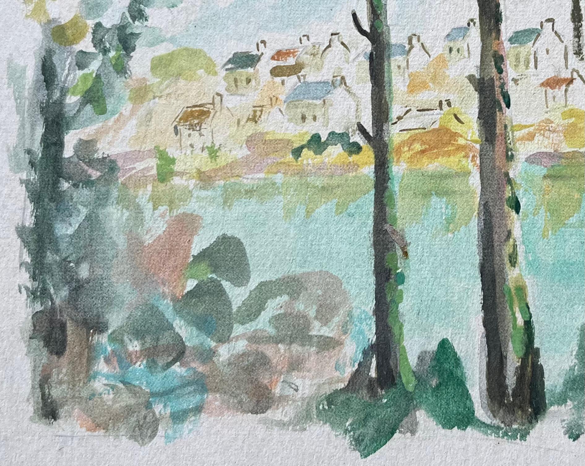 Französisches Flussufer- Village mit Bäumen und Kirchen spiralförmigem Aquarell im Angebot 1