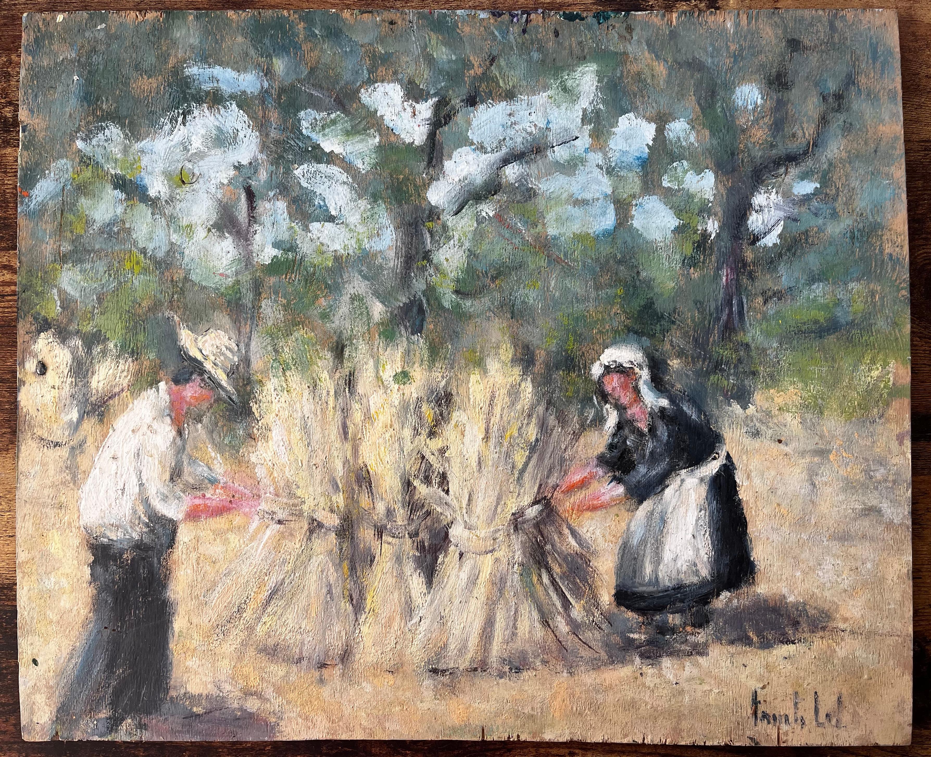 French Rural Harvest Scene With Farm Workers Bundling Wheat In Forest Landscape - Painting by Fanch Lel