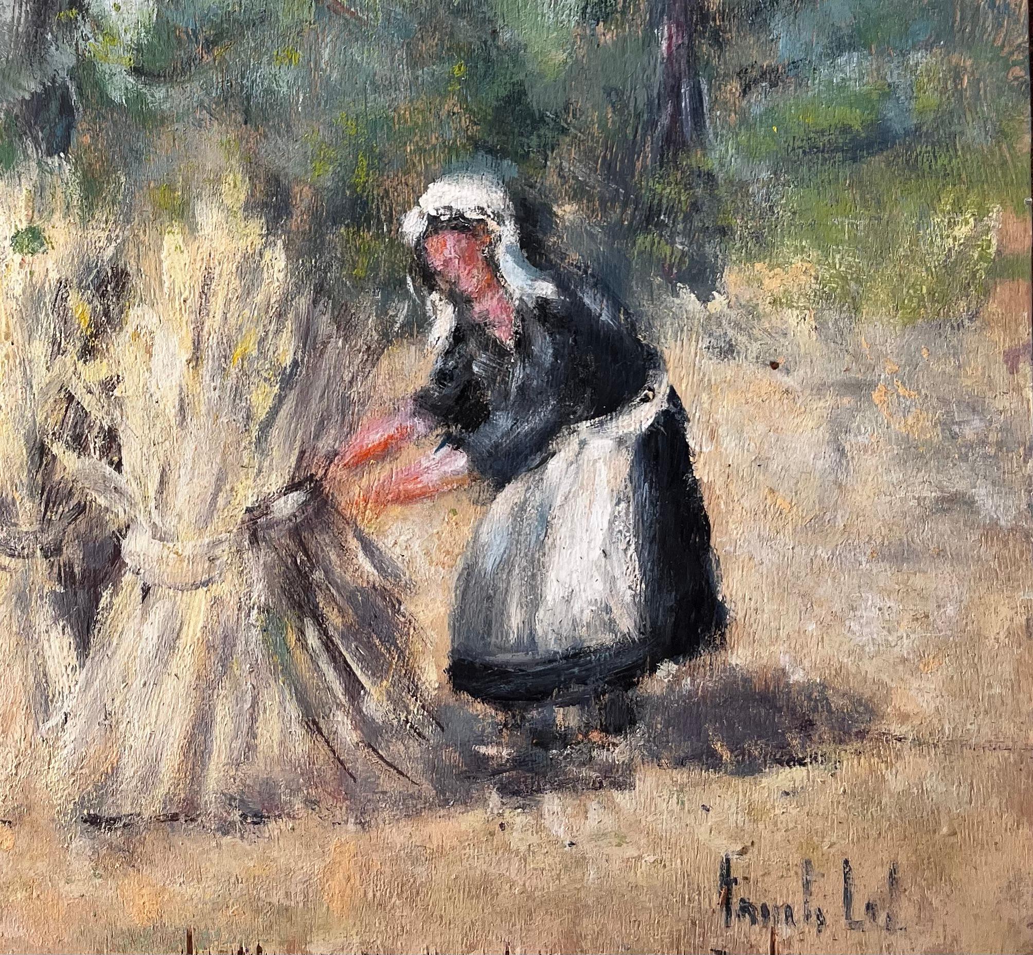French Rural Harvest Scene With Farm Workers Bundling Wheat In Forest Landscape - Impressionist Painting by Fanch Lel