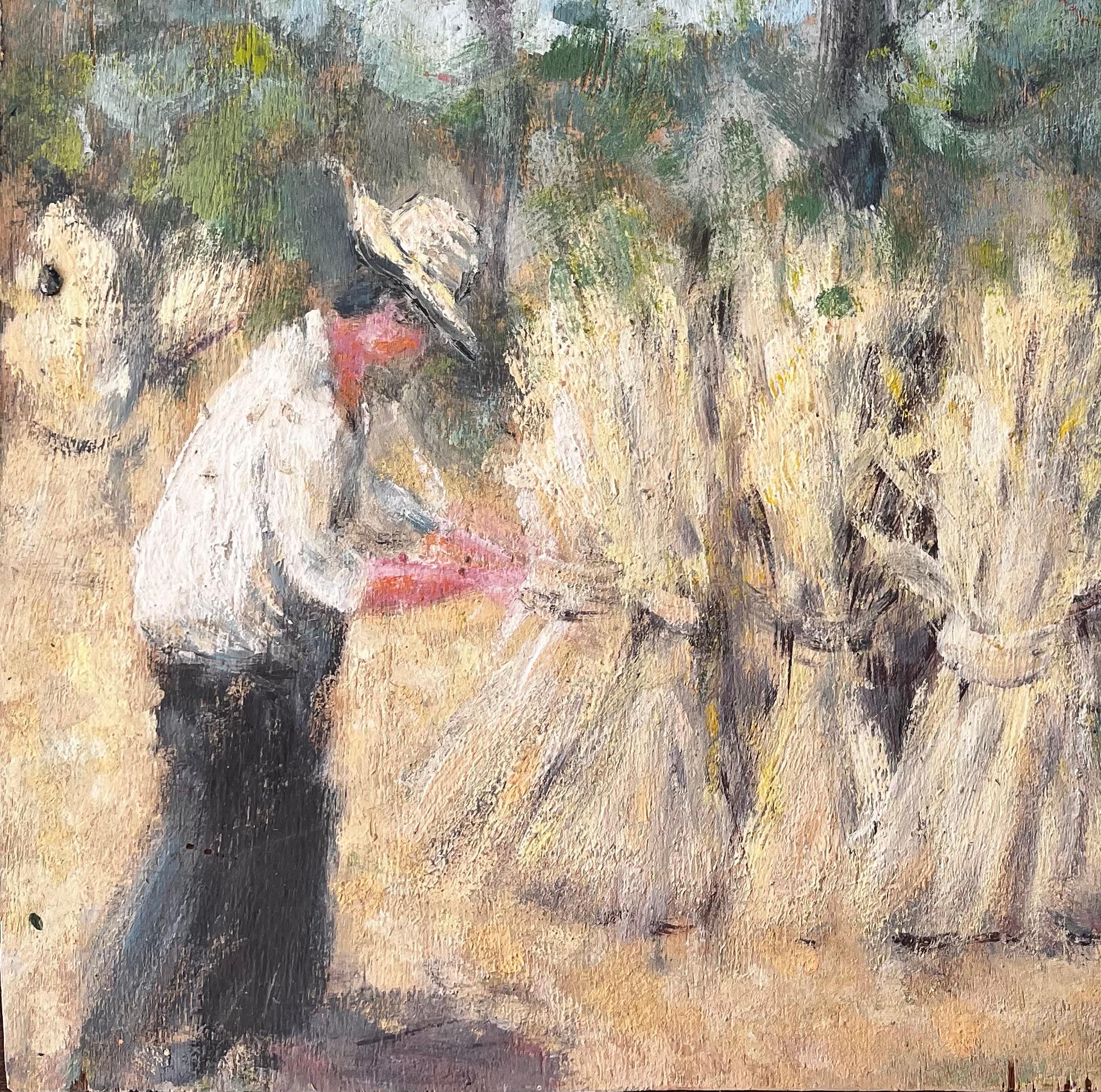 French Rural Harvest Scene With Farm Workers Bundling Wheat In Forest Landscape - Gray Abstract Painting by Fanch Lel