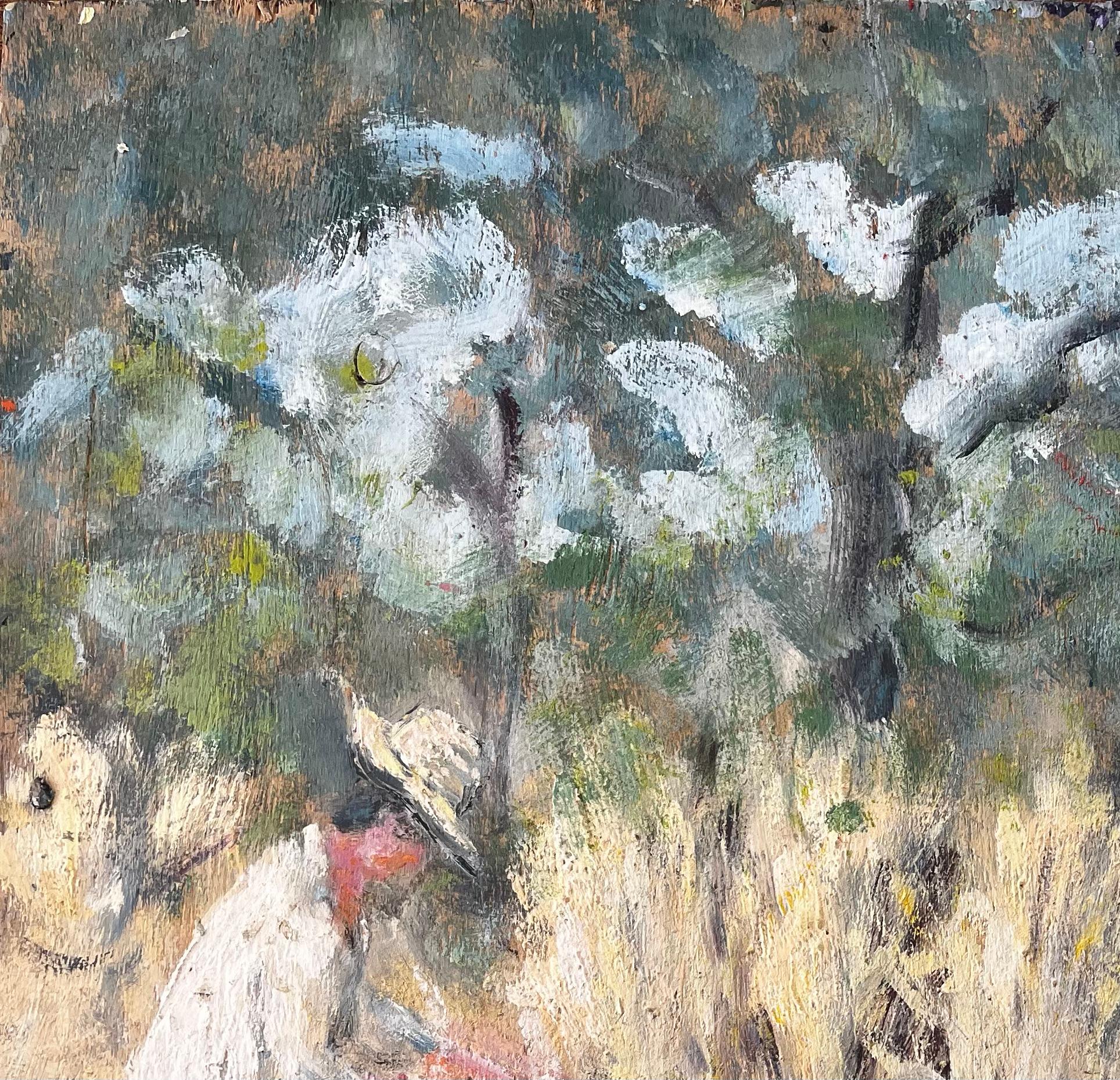 Title: French Rural Harvest Scene With Farm Workers Bundling Wheat In Forest Landscape
by Fanch Lel
Signed: Bottom right corner
Size: 14.75 x 18 inches (height x width)
Oil painting on board, unframed
Condition: Good overall condition. Minor surface