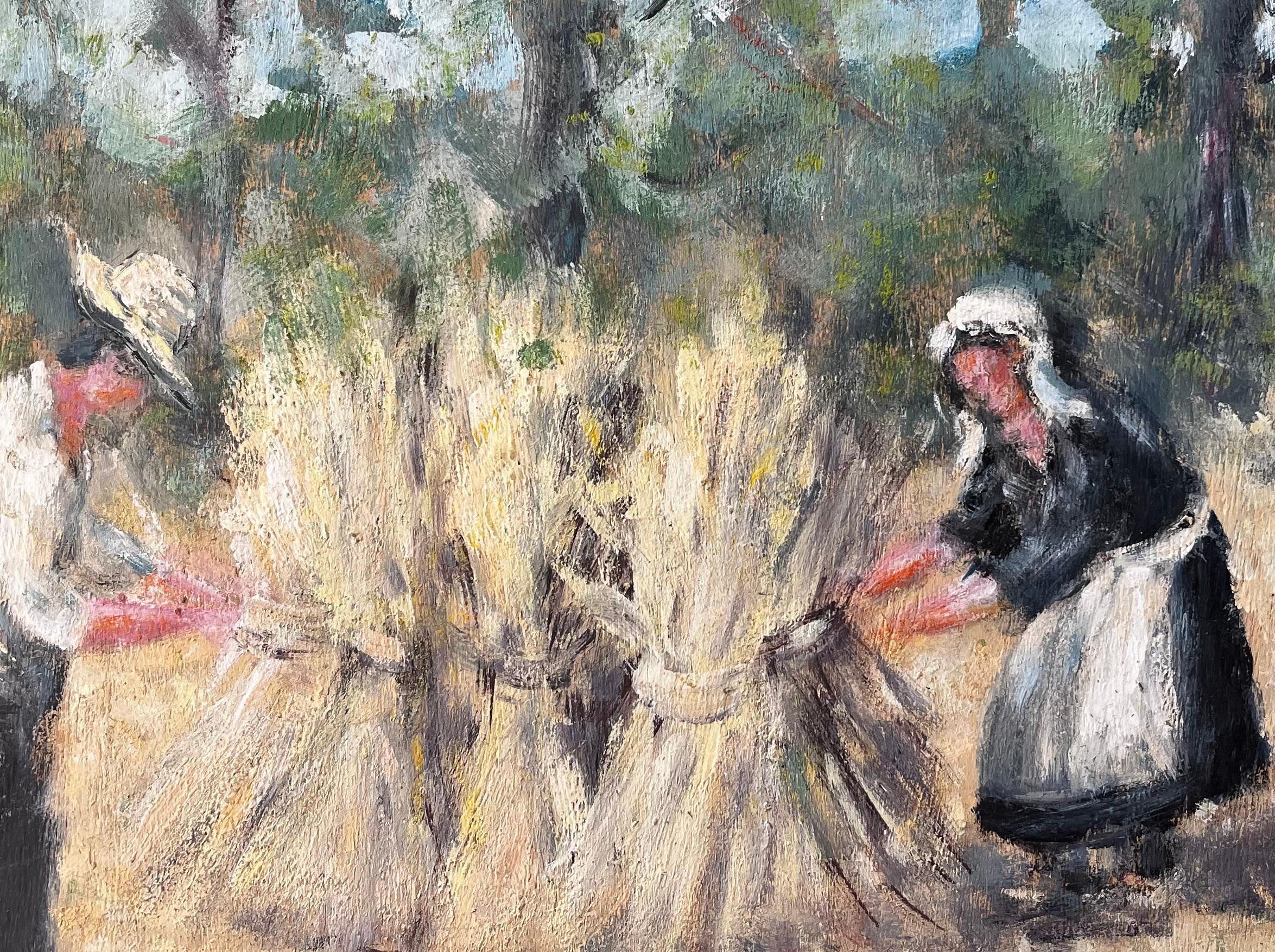 French Rural Harvest Scene With Farm Workers Bundling Wheat In Forest Landscape For Sale 2