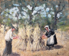 French Rural Harvest Scene With Farm Workers Bundling Wheat In Forest Landscape