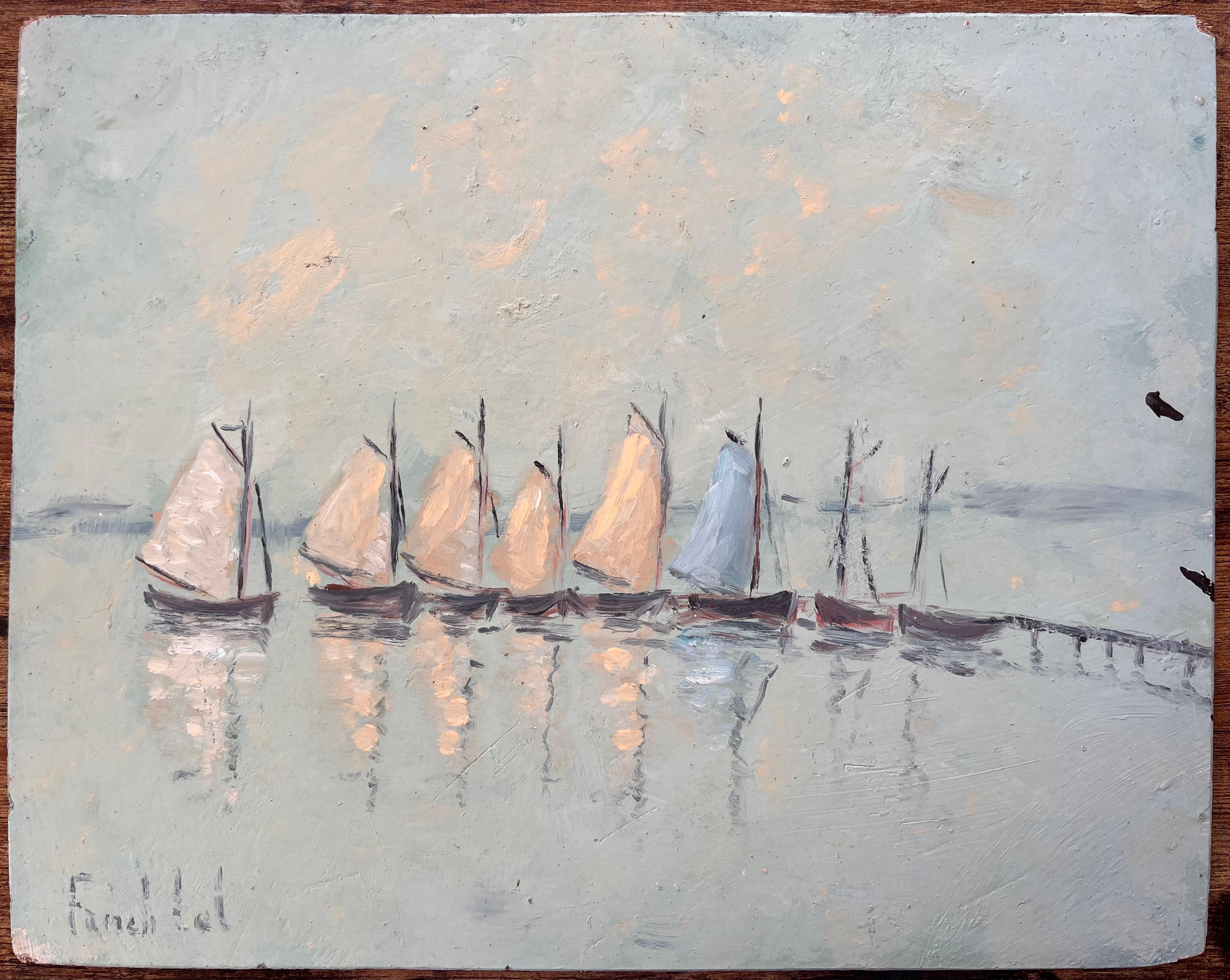 Paesaggio marino francese dipinto a olio con barche a vela tradizionali ormeggiate in acque calme - Painting di Fanch Lel