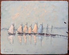 Französische Meereslandschaft, Ölgemälde traditioneller Segelboote in kalifornischem Wasser, Moored