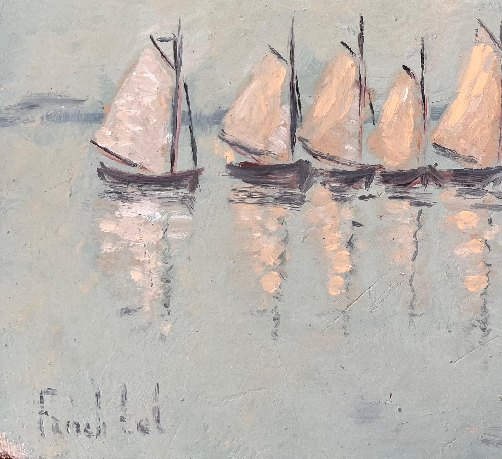 Titolo: Pittura ad olio di paesaggio marino francese con barche a vela tradizionali ormeggiate in acque calme
Da Fanch Lel
Firmato: Yes One
Dimensioni: 12,75 x 16,25 pollici (altezza x larghezza)
Pittura a olio su tavola, senza cornice
Condit: Il