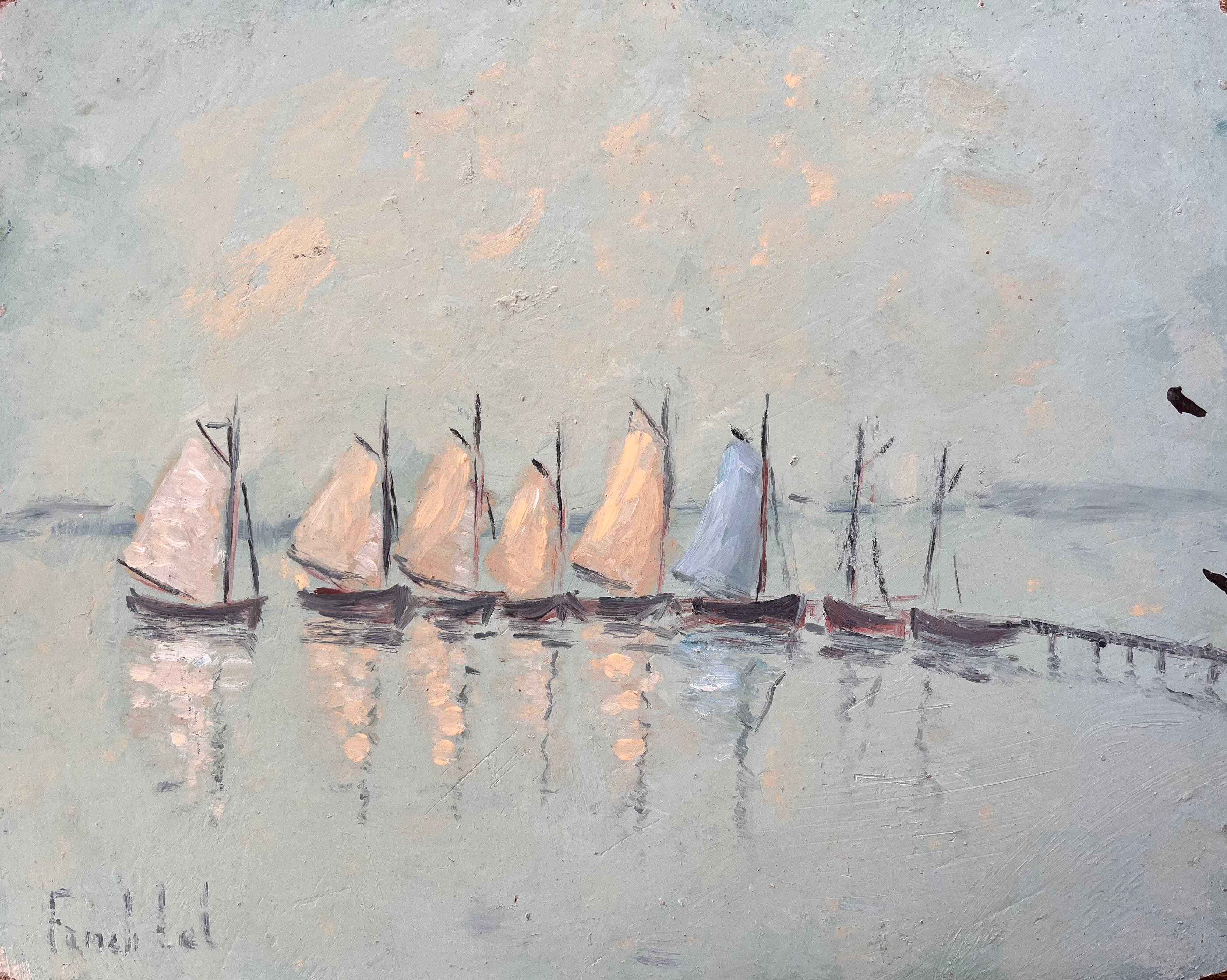 Peinture à l'huile française représentant des voiliers traditionnels mourant dans l'eau chaude