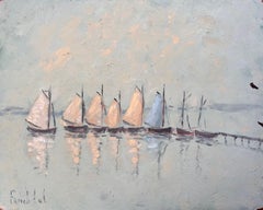 Paisaje marino francés Pintura al óleo de veleros tradicionales amarrados en aguas tranquilas