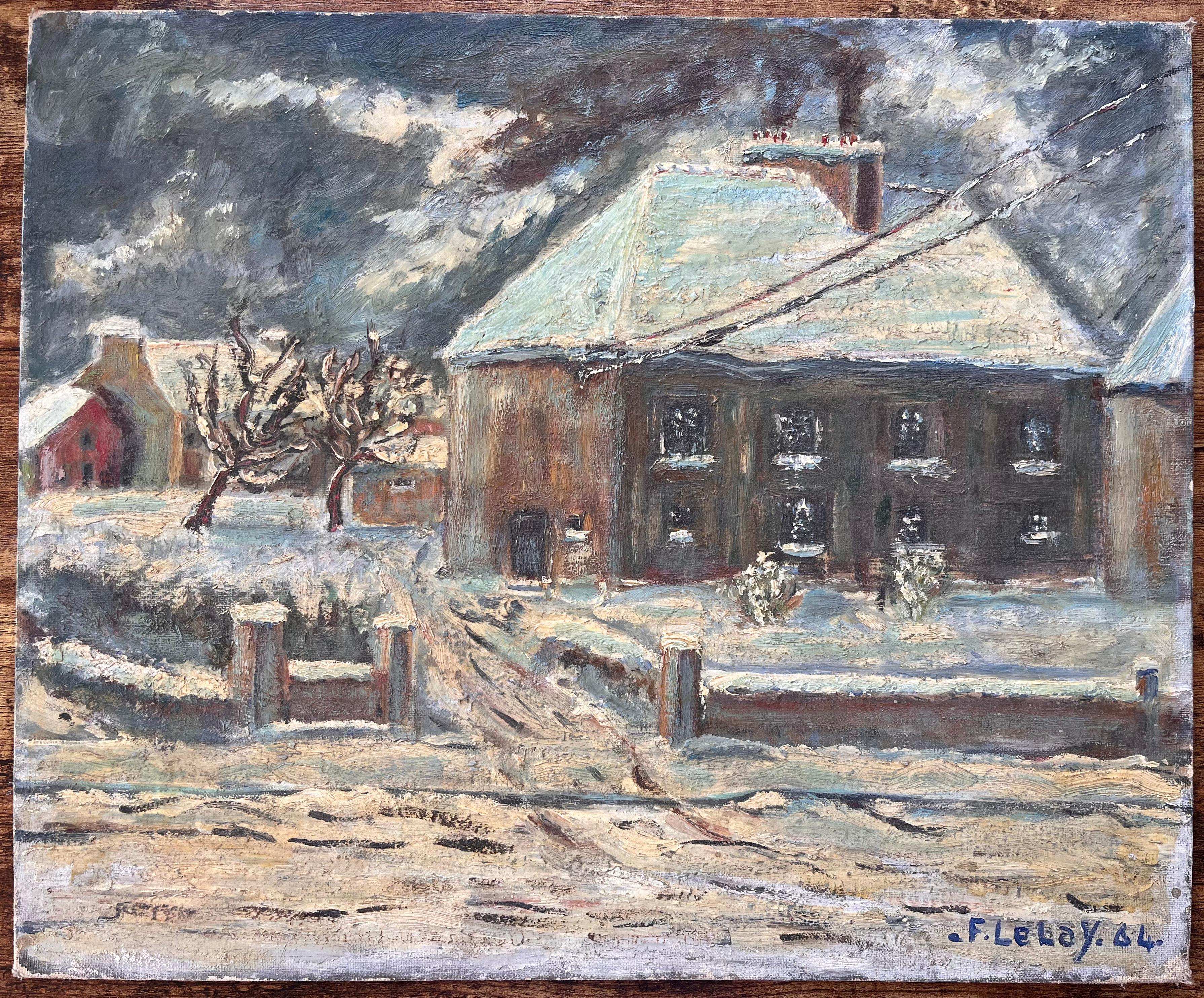 Französische Schneeszene, Ölgemälde des Hauses von Nicolas Busnel aus dem Obergeschoss, Schneeszene – Painting von Fanch Lel