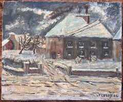 French Snow Scene Oil Painting of Nicolas Busnel's House from Upstairs Window