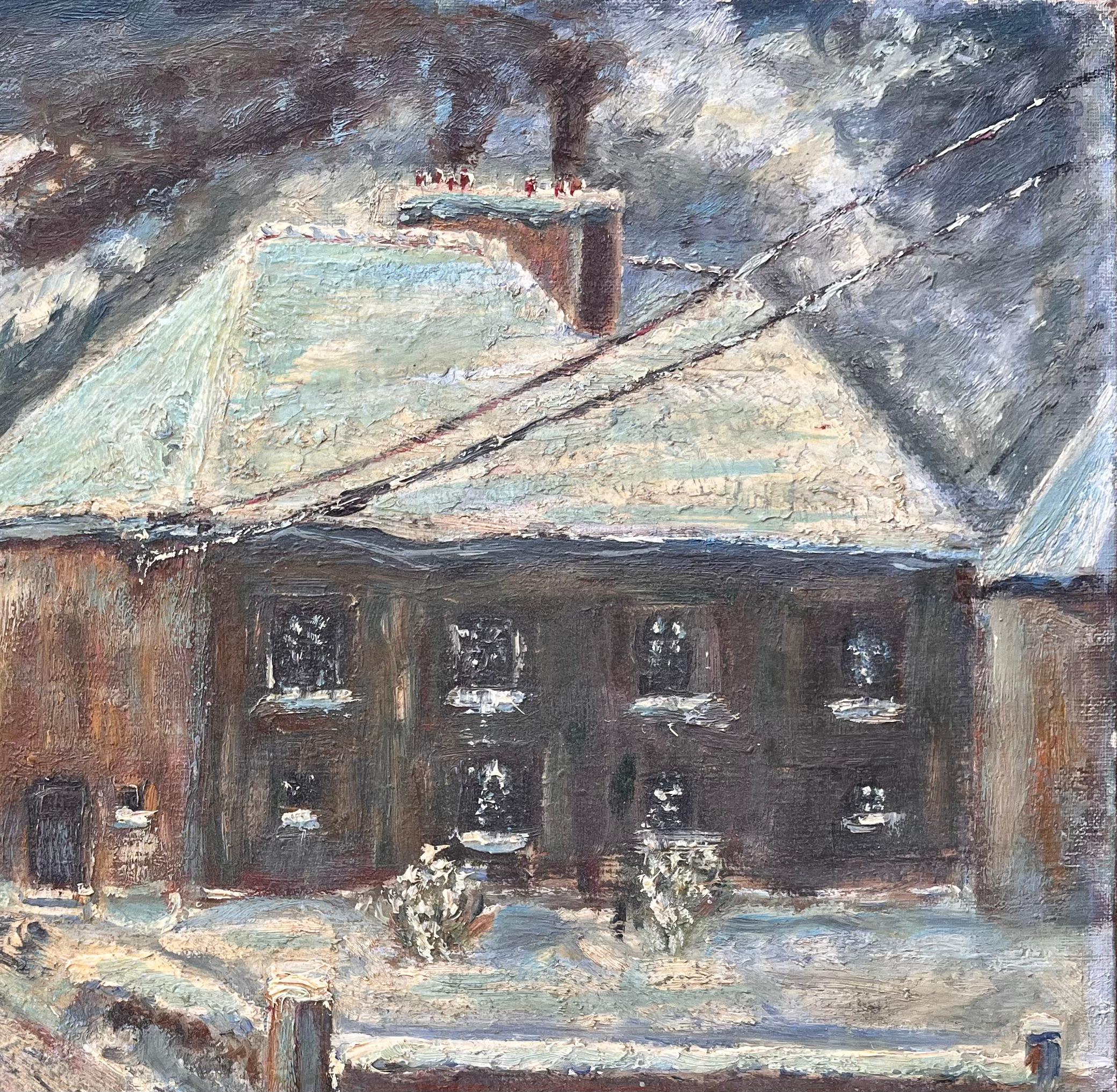 Französische Schneeszene, Ölgemälde des Hauses von Nicolas Busnel aus dem Obergeschoss, Schneeszene (Grau), Abstract Painting, von Fanch Lel