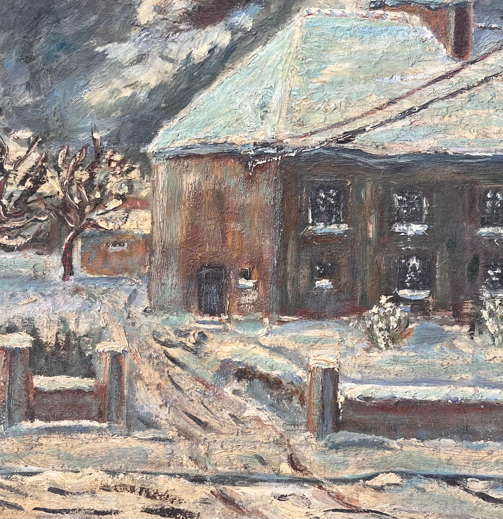 Französische Schneeszene, Ölgemälde des Hauses von Nicolas Busnel aus dem Obergeschoss, Schneeszene im Angebot 2