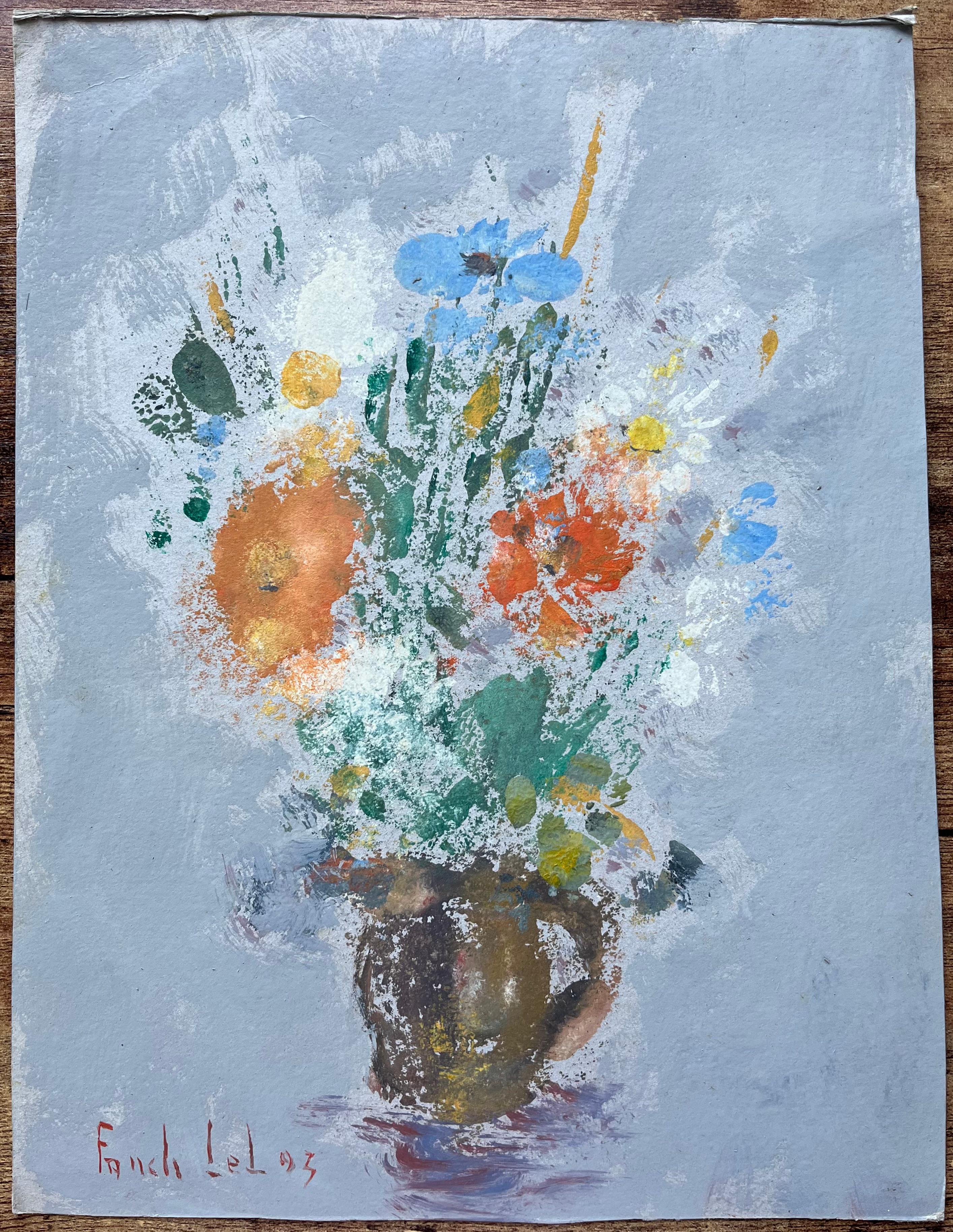 Nature morte française de fleurs sauvages dans un vase en terre signée et datée 2003 - Painting de Fanch Lel