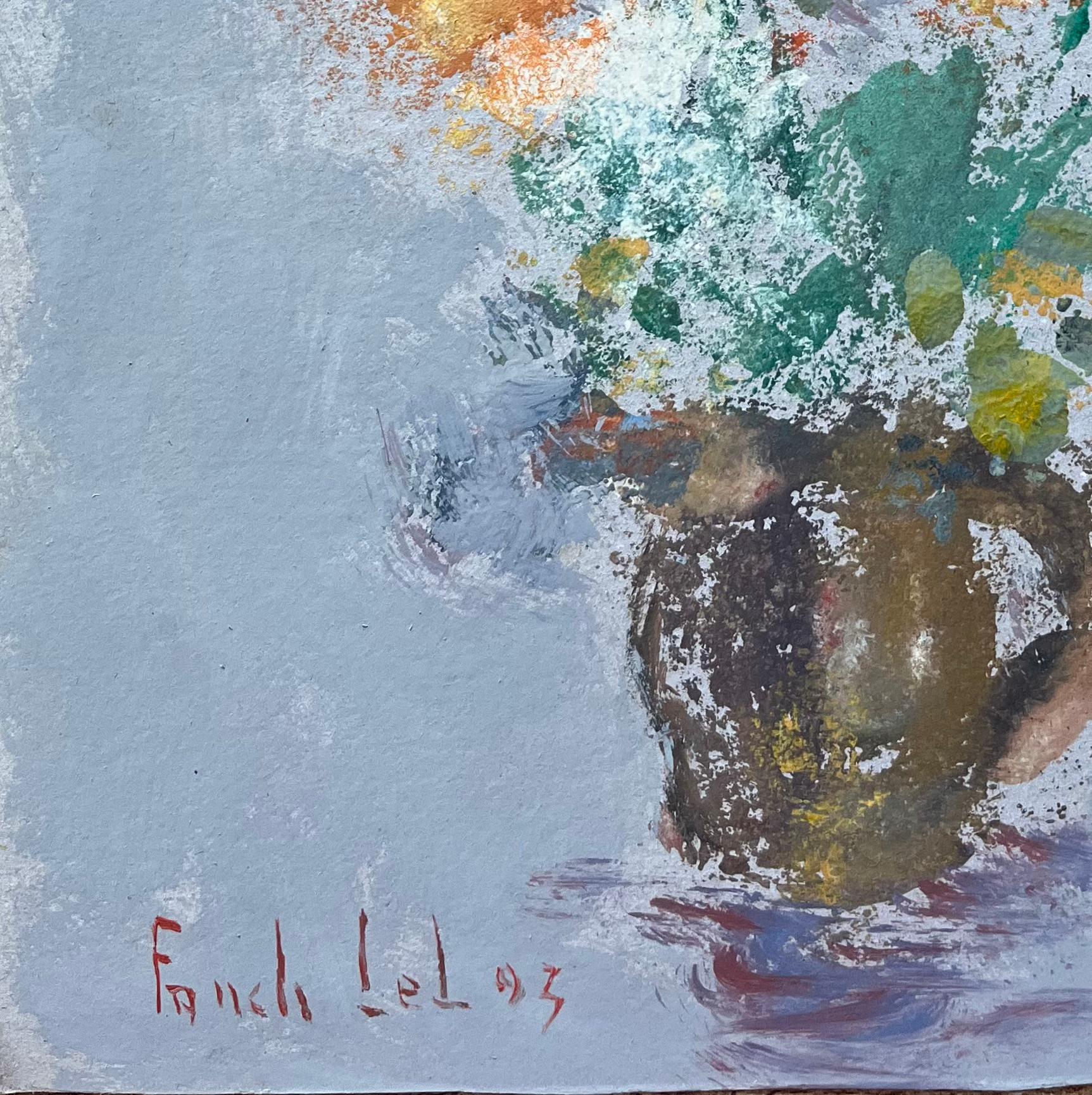Nature morte française de fleurs sauvages dans un vase en terre signée et datée 2003 - Bleu Figurative Painting par Fanch Lel